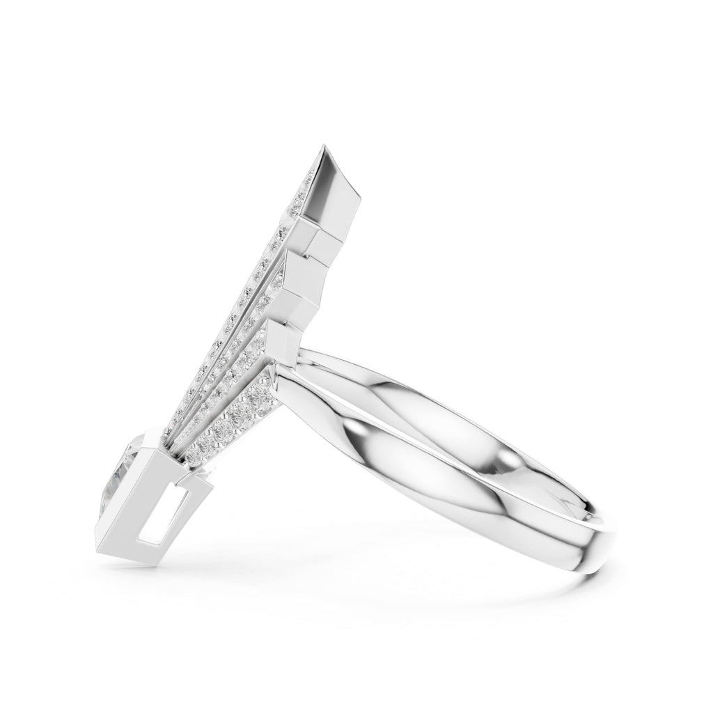 Elisora Geometric Spear Moissanite Ring | Triangle Cut Center with 52-Stone Cascade | Art Deco Statement Cocktail Ring in 10K/14K Gold or Silver