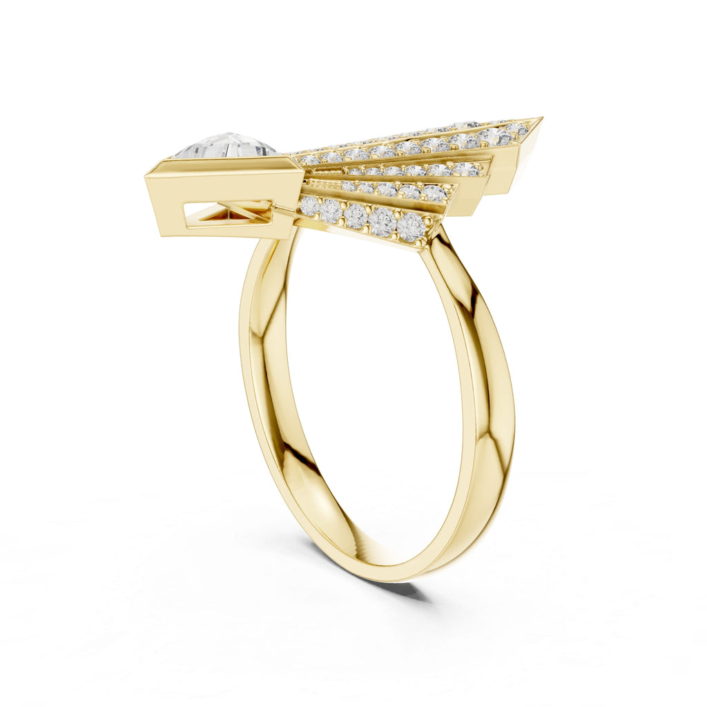 Elisora Geometric Spear Moissanite Ring | Triangle Cut Center with 52-Stone Cascade | Art Deco Statement Cocktail Ring in 10K/14K Gold or Silver