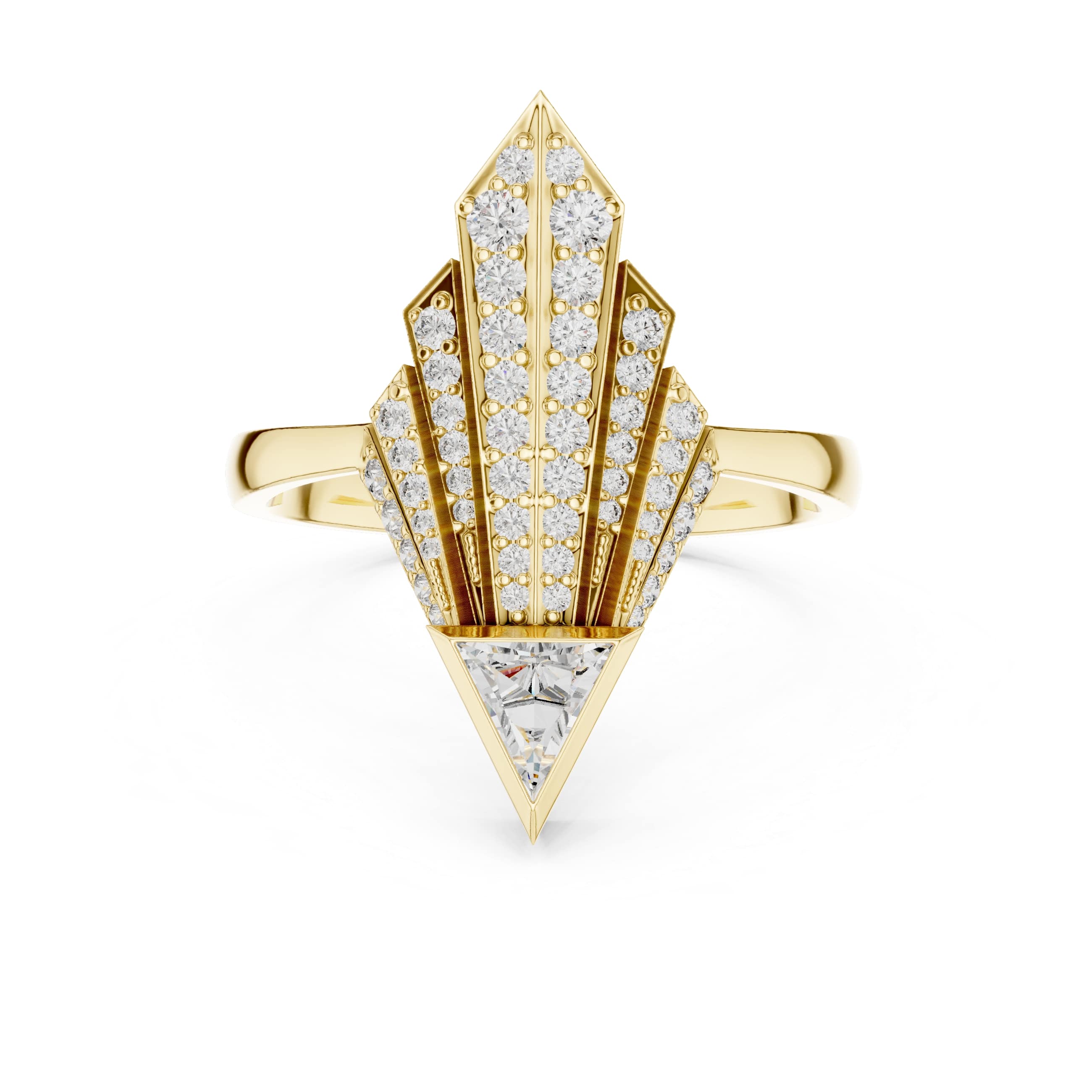 Elisora Geometric Spear Moissanite Ring | Triangle Cut Center with 52-Stone Cascade | Art Deco Statement Cocktail Ring in 10K/14K Gold or Silver