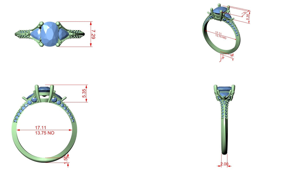 Elisora Three-Stone Cushion Moissanite Engagement Ring | Pavé Band with Trillion Side Stones in 10K/14K Gold or Silver