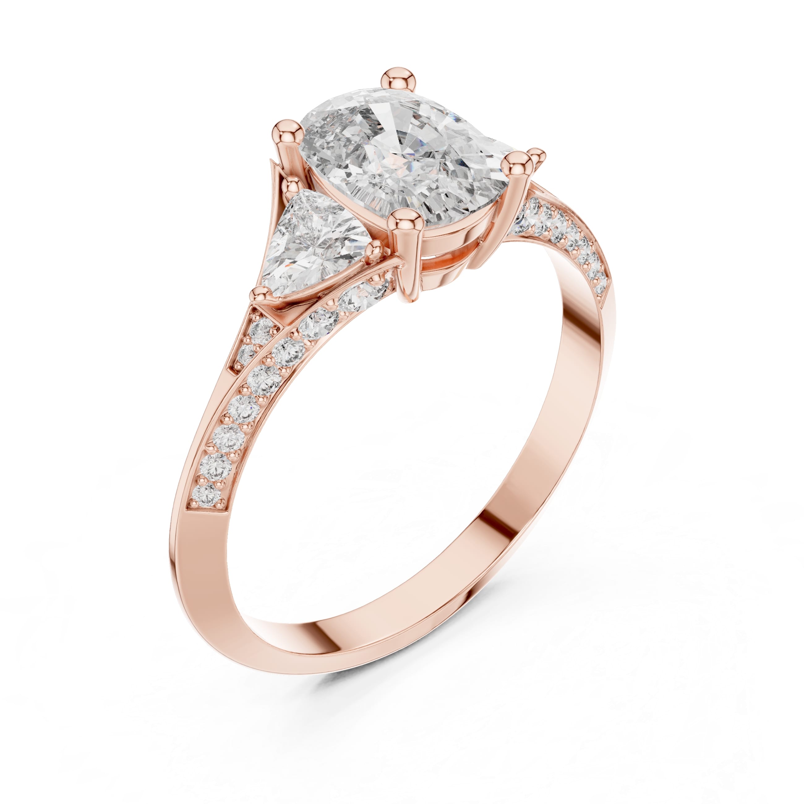 Elisora Three-Stone Cushion Moissanite Engagement Ring | Pavé Band with Trillion Side Stones in 10K/14K Gold or Silver