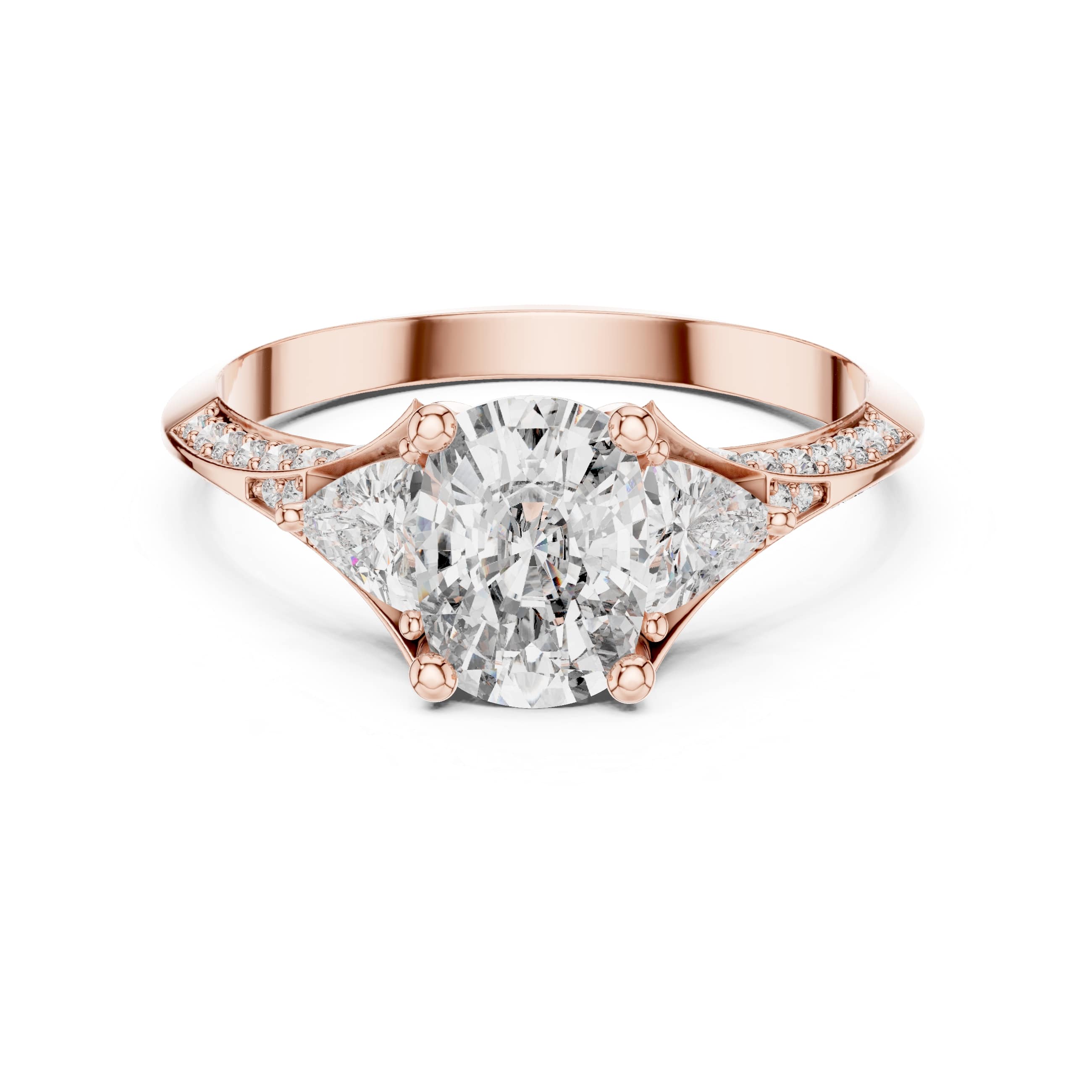 Elisora Three-Stone Cushion Moissanite Engagement Ring | Pavé Band with Trillion Side Stones in 10K/14K Gold or Silver