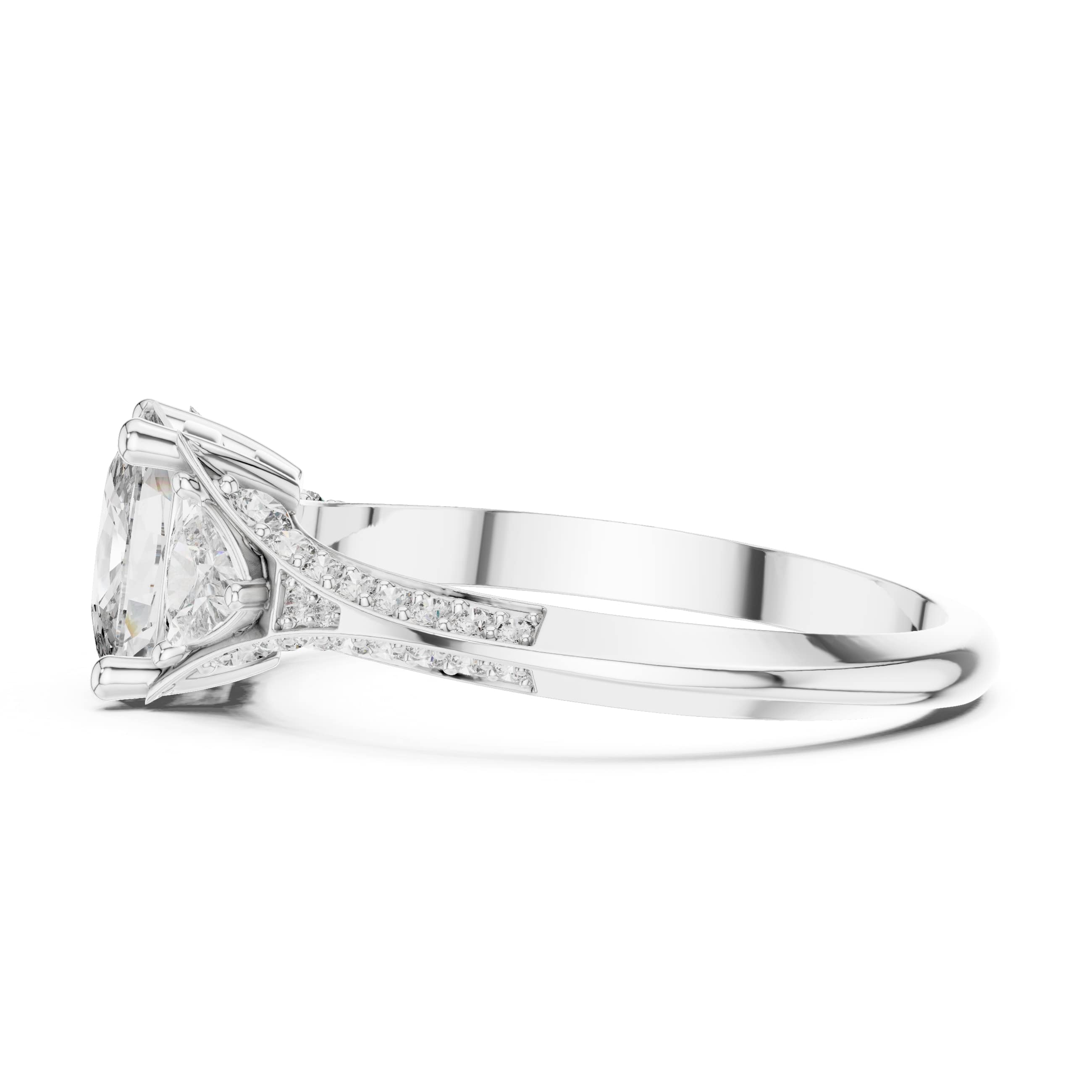 Elisora Three-Stone Cushion Moissanite Engagement Ring | Pavé Band with Trillion Side Stones in 10K/14K Gold or Silver