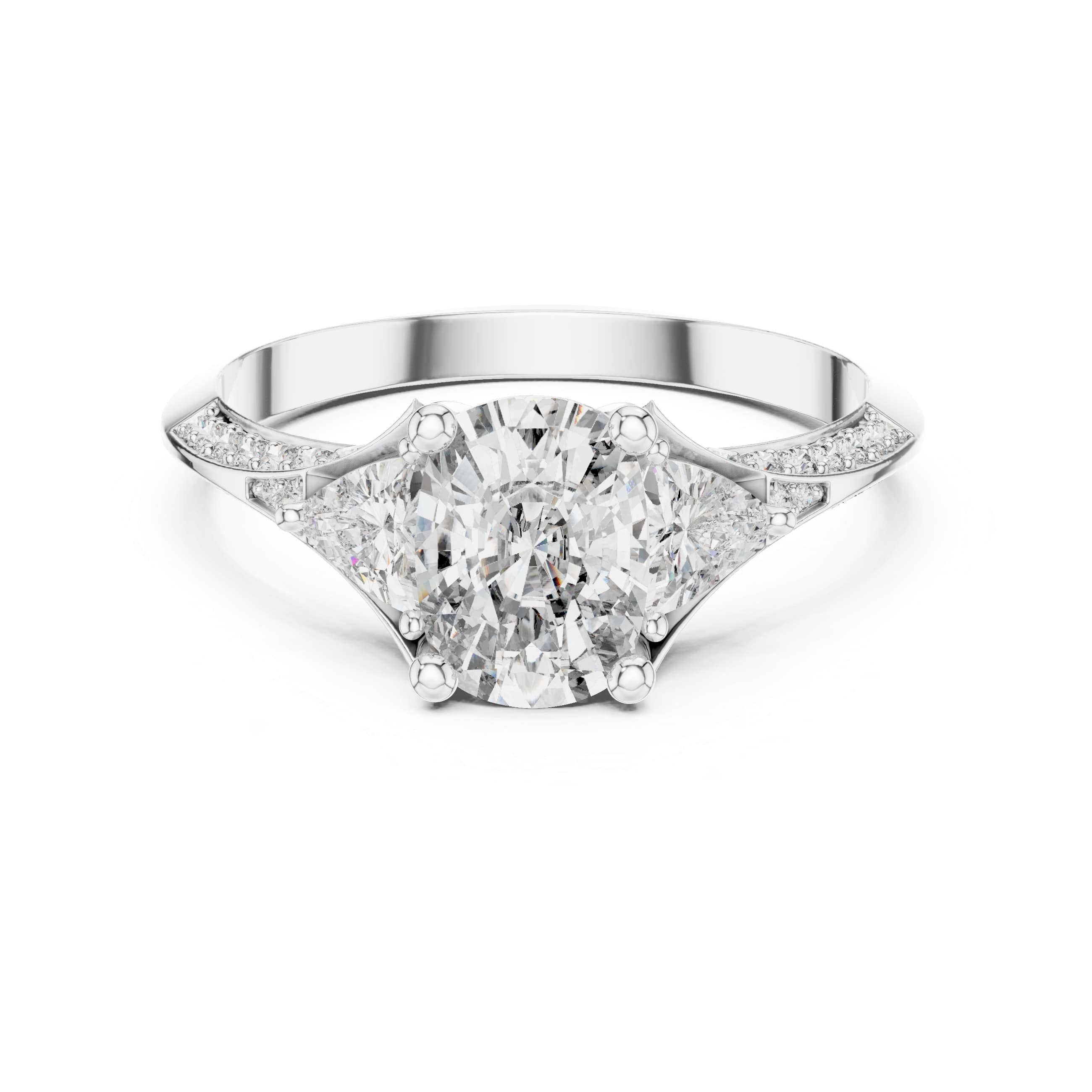 Elisora Three-Stone Cushion Moissanite Engagement Ring | Pavé Band with Trillion Side Stones in 10K/14K Gold or Silver