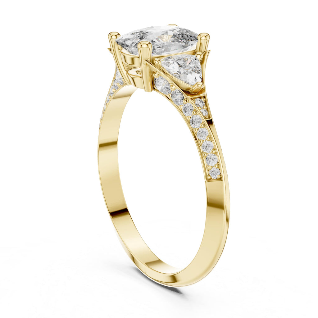 Elisora Three-Stone Cushion Moissanite Engagement Ring | Pavé Band with Trillion Side Stones in 10K/14K Gold or Silver