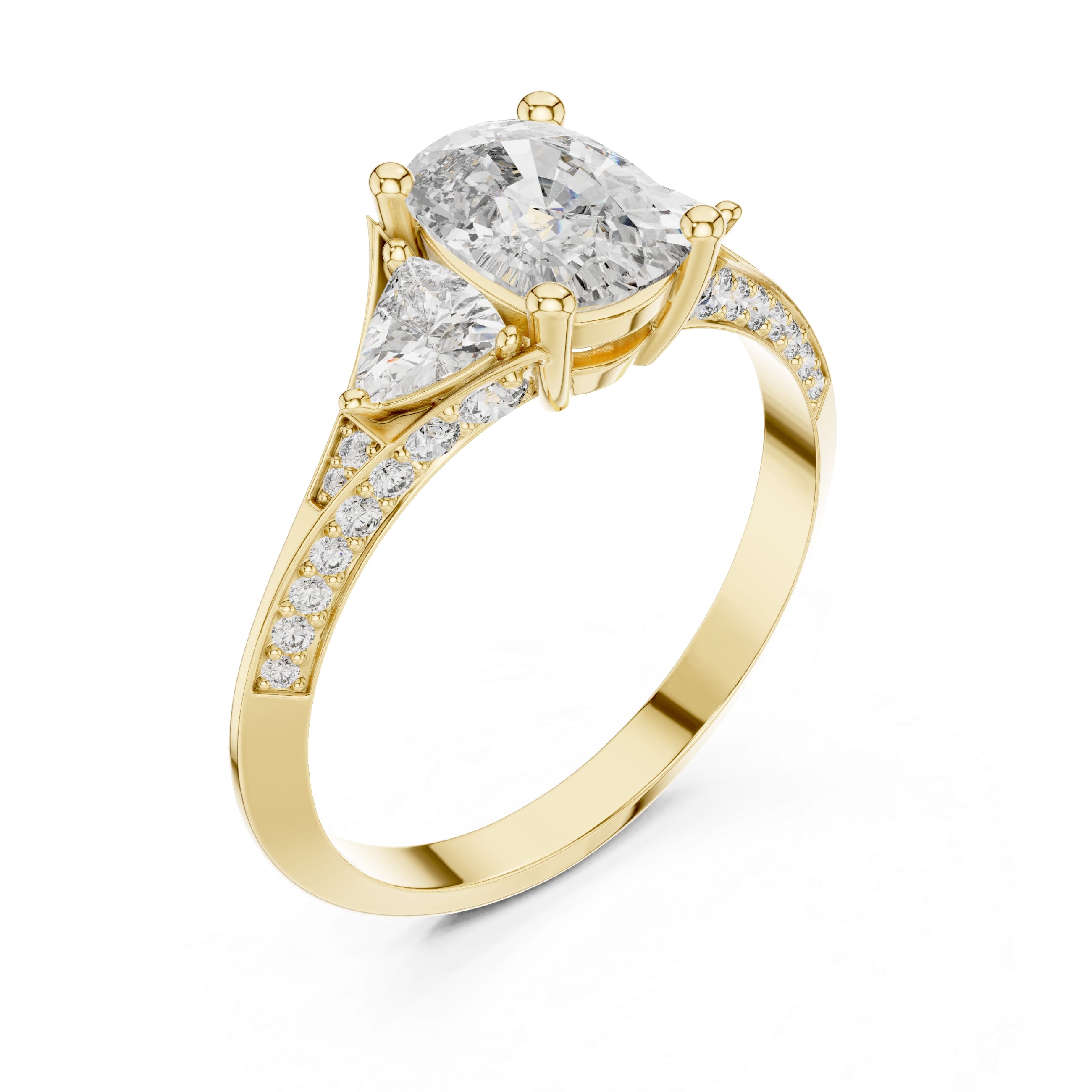 Elisora Three-Stone Cushion Moissanite Engagement Ring | Pavé Band with Trillion Side Stones in 10K/14K Gold or Silver