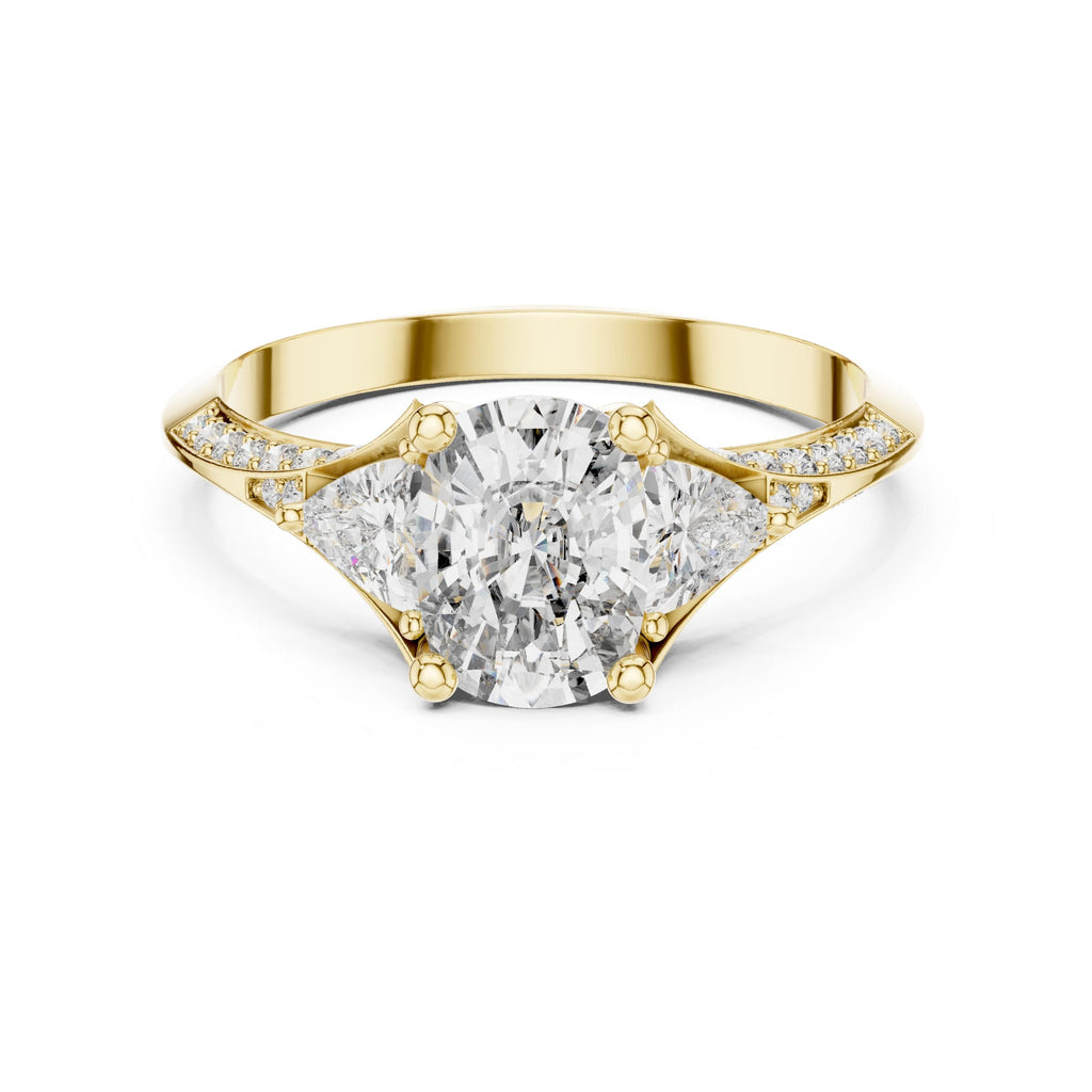 Elisora Three-Stone Cushion Moissanite Engagement Ring | Pavé Band with Trillion Side Stones in 10K/14K Gold or Silver