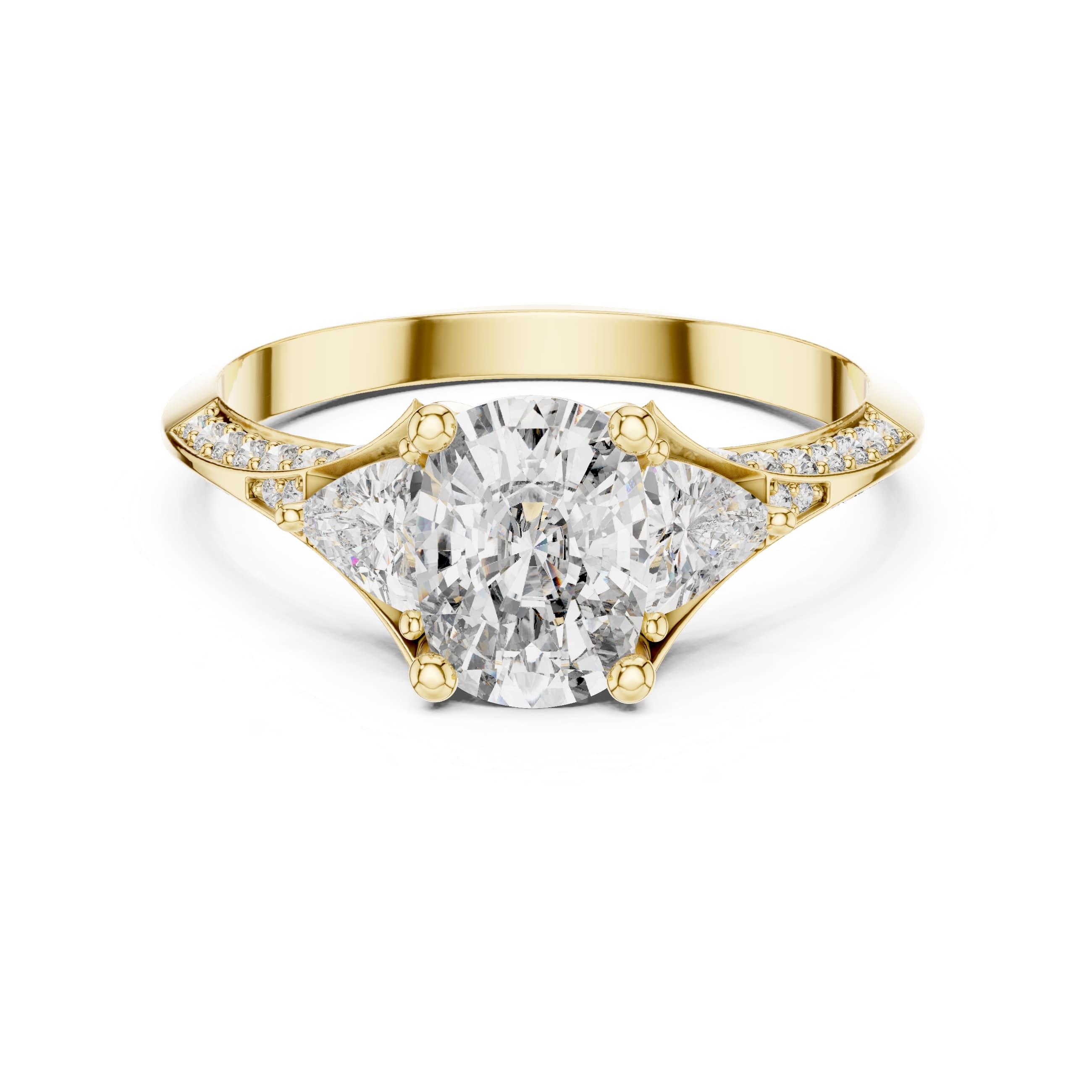 Elisora Three-Stone Cushion Moissanite Engagement Ring | Pavé Band with Trillion Side Stones in 10K/14K Gold or Silver