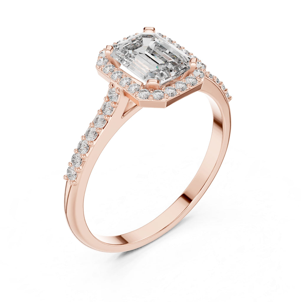 Elisora Emerald-Cut Halo Moissanite Ring | 0.85 CT D/VVS Center with 36-Stone Pavé Band | Micro-Set Engagement Ring in 10K/14K Gold or Silver