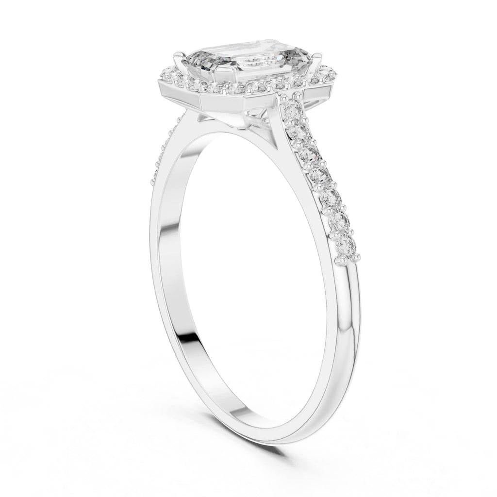 Elisora Emerald-Cut Halo Moissanite Ring | 0.85 CT D/VVS Center with 36-Stone Pavé Band | Micro-Set Engagement Ring in 10K/14K Gold or Silver
