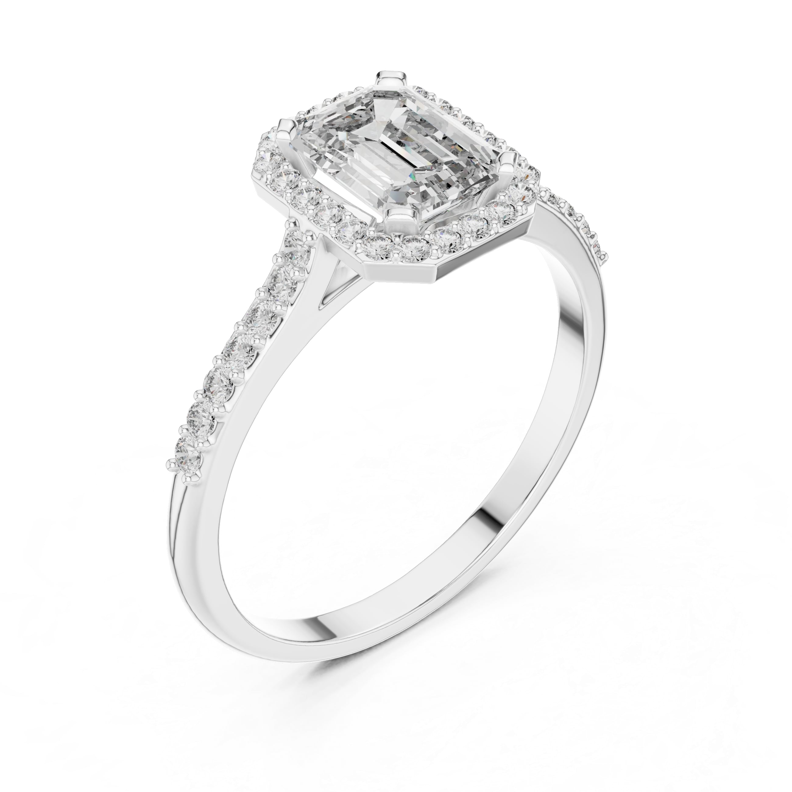 Elisora Emerald-Cut Halo Moissanite Ring | 0.85 CT D/VVS Center with 36-Stone Pavé Band | Micro-Set Engagement Ring in 10K/14K Gold or Silver