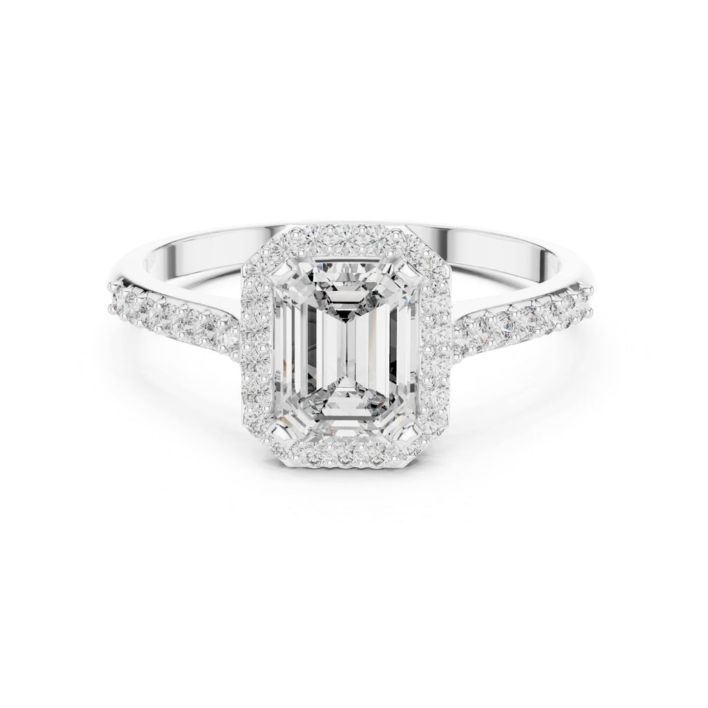 Elisora Emerald-Cut Halo Moissanite Ring | 0.85 CT D/VVS Center with 36-Stone Pavé Band | Micro-Set Engagement Ring in 10K/14K Gold or Silver