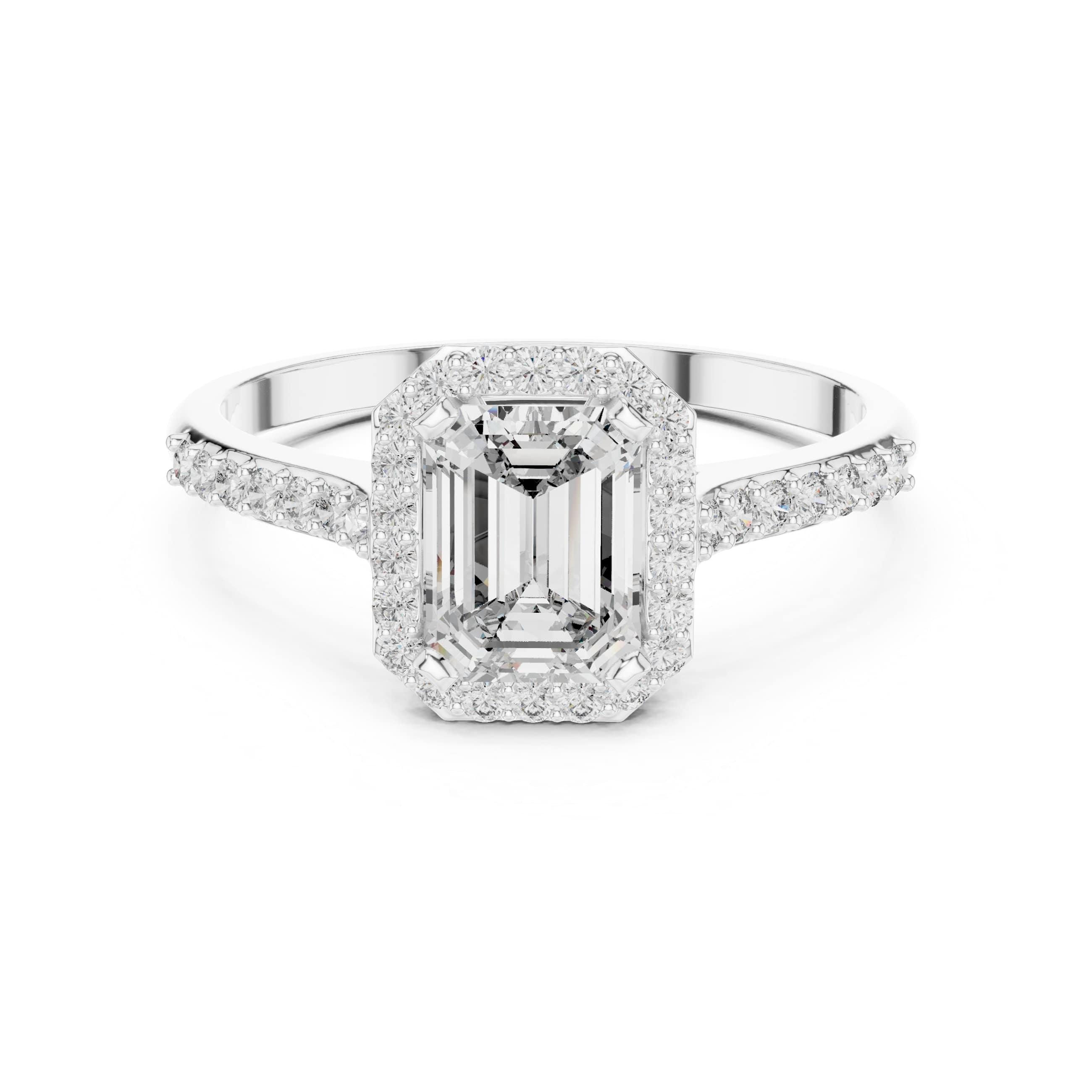 Elisora Emerald-Cut Halo Moissanite Ring | 0.85 CT D/VVS Center with 36-Stone Pavé Band | Micro-Set Engagement Ring in 10K/14K Gold or Silver