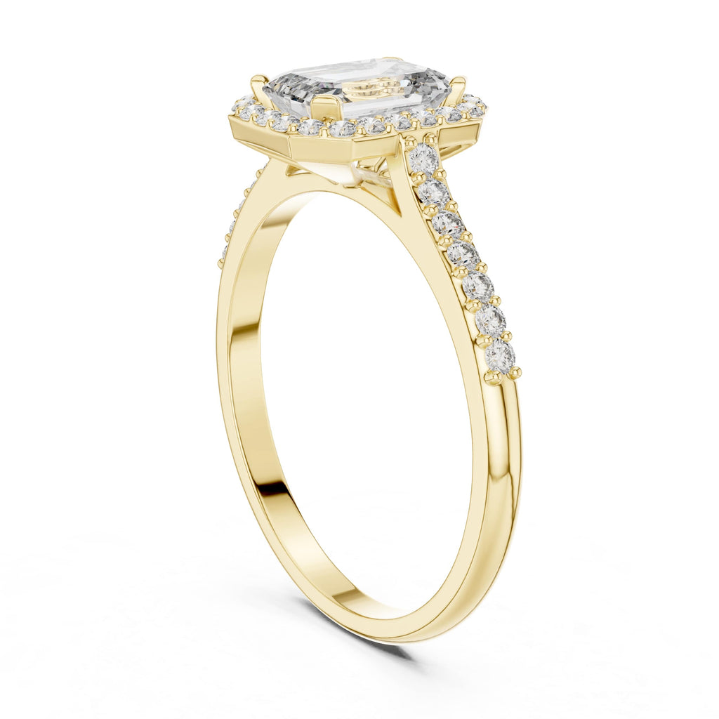 Elisora Emerald-Cut Halo Moissanite Ring | 0.85 CT D/VVS Center with 36-Stone Pavé Band | Micro-Set Engagement Ring in 10K/14K Gold or Silver