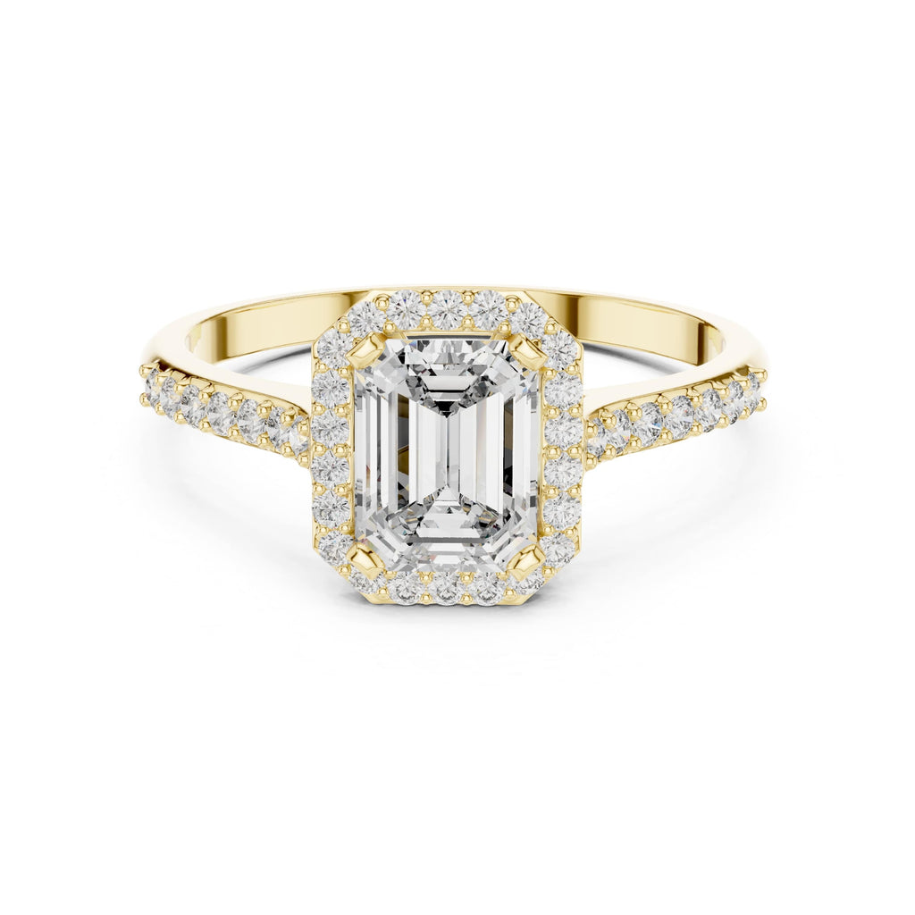 Elisora Emerald-Cut Halo Moissanite Ring | 0.85 CT D/VVS Center with 36-Stone Pavé Band | Micro-Set Engagement Ring in 10K/14K Gold or Silver