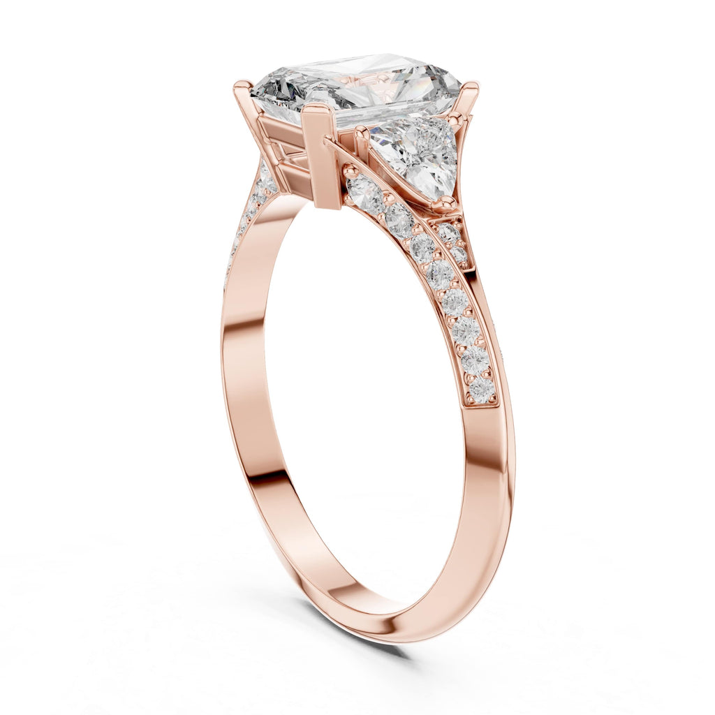 Elisora Radiant-Cut Three-Stone Moissanite Engagement Ring | Pavé Band with Trillion Side Stones in 10K/14K Gold or Silver
