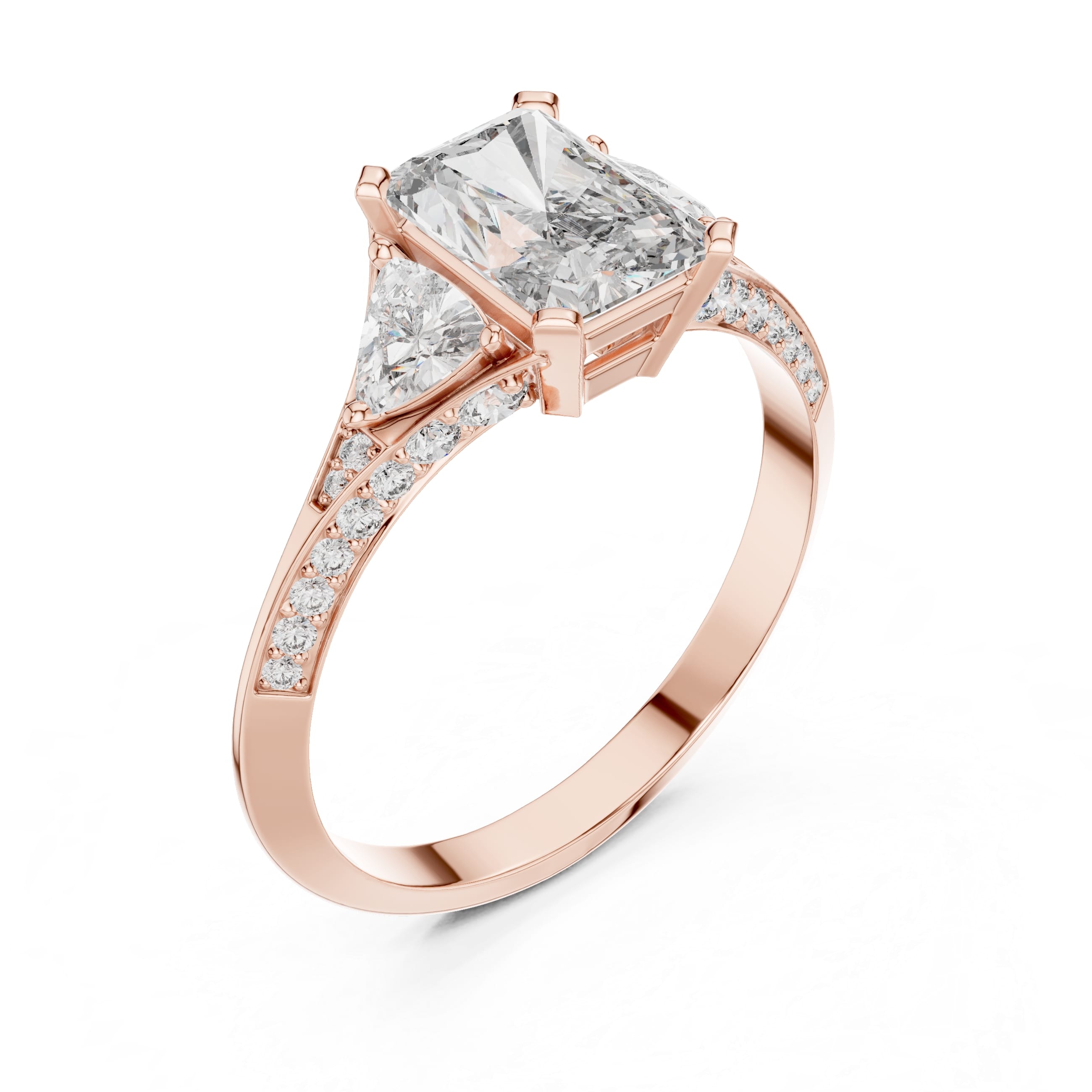 Elisora Radiant-Cut Three-Stone Moissanite Engagement Ring | Pavé Band with Trillion Side Stones in 10K/14K Gold or Silver