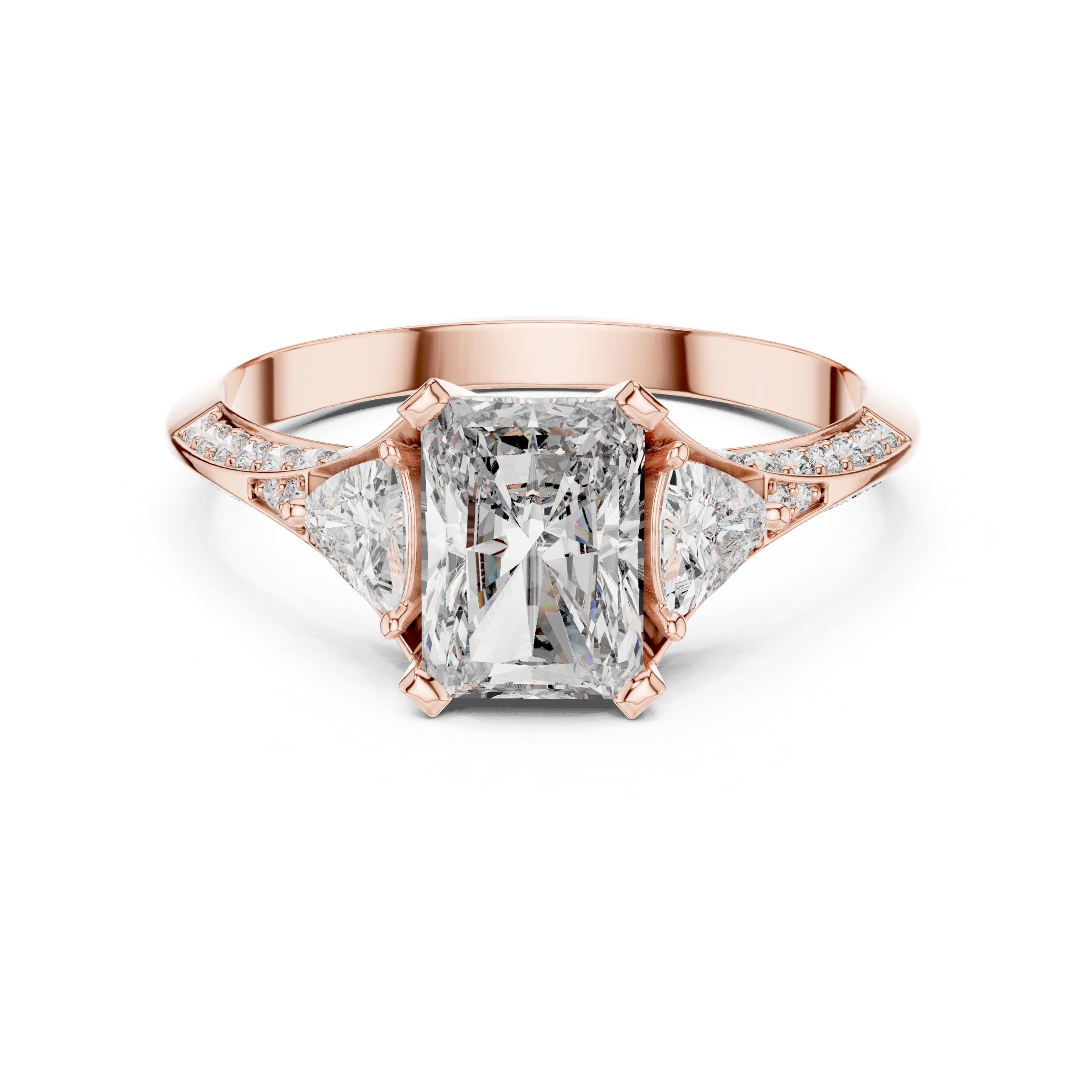 Elisora Radiant-Cut Three-Stone Moissanite Engagement Ring | Pavé Band with Trillion Side Stones in 10K/14K Gold or Silver