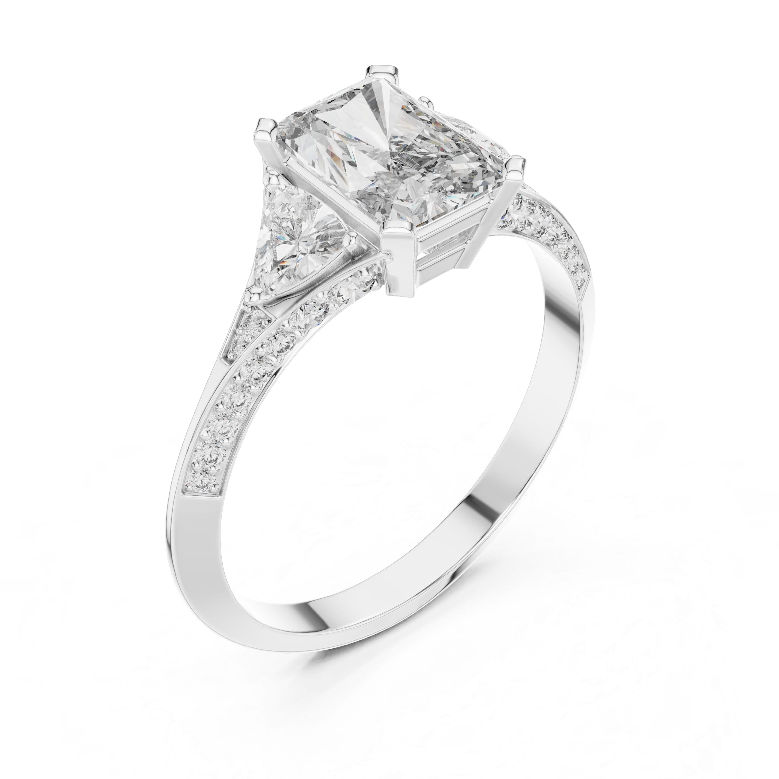 Elisora Radiant-Cut Three-Stone Moissanite Engagement Ring | Pavé Band with Trillion Side Stones in 10K/14K Gold or Silver