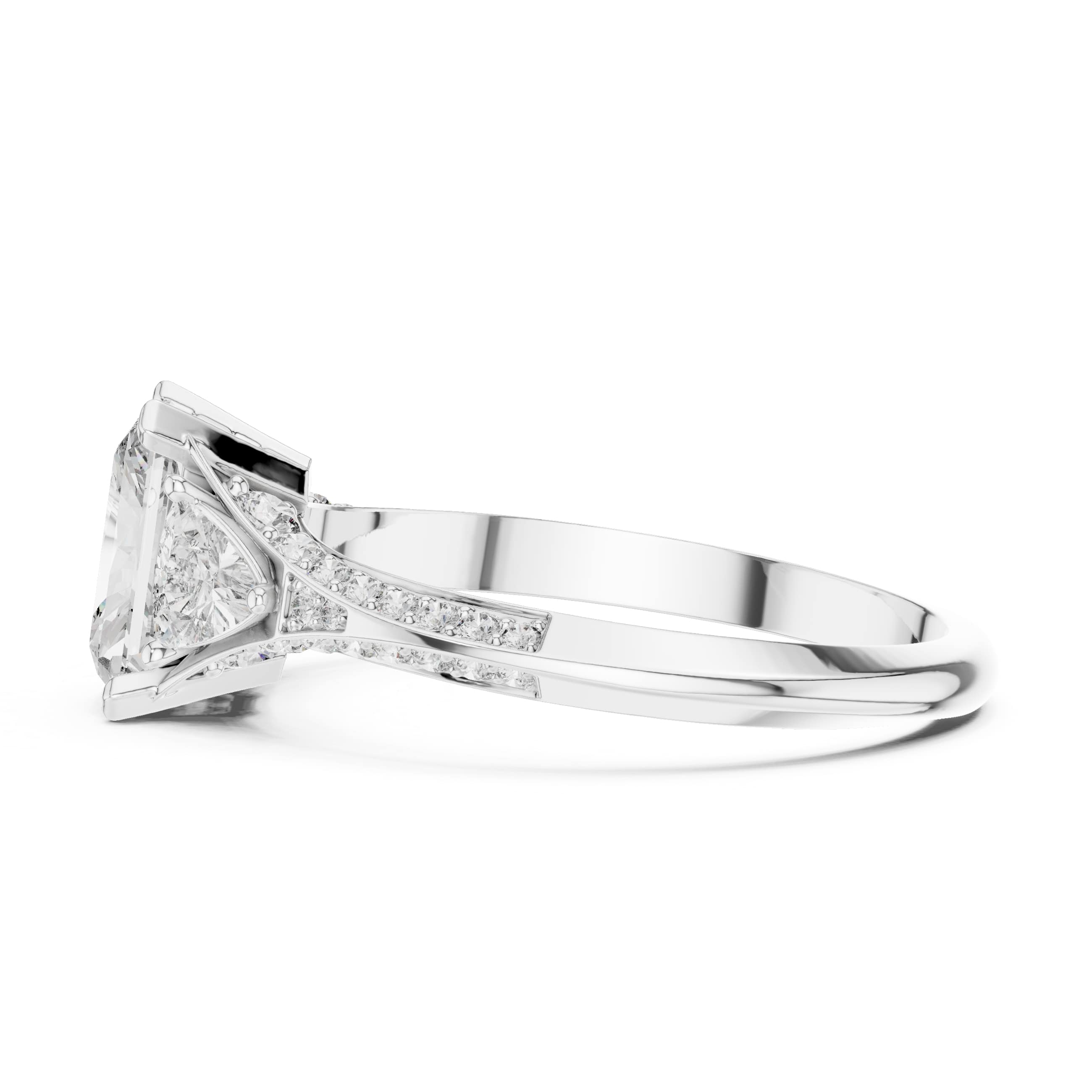 Elisora Radiant-Cut Three-Stone Moissanite Engagement Ring | Pavé Band with Trillion Side Stones in 10K/14K Gold or Silver