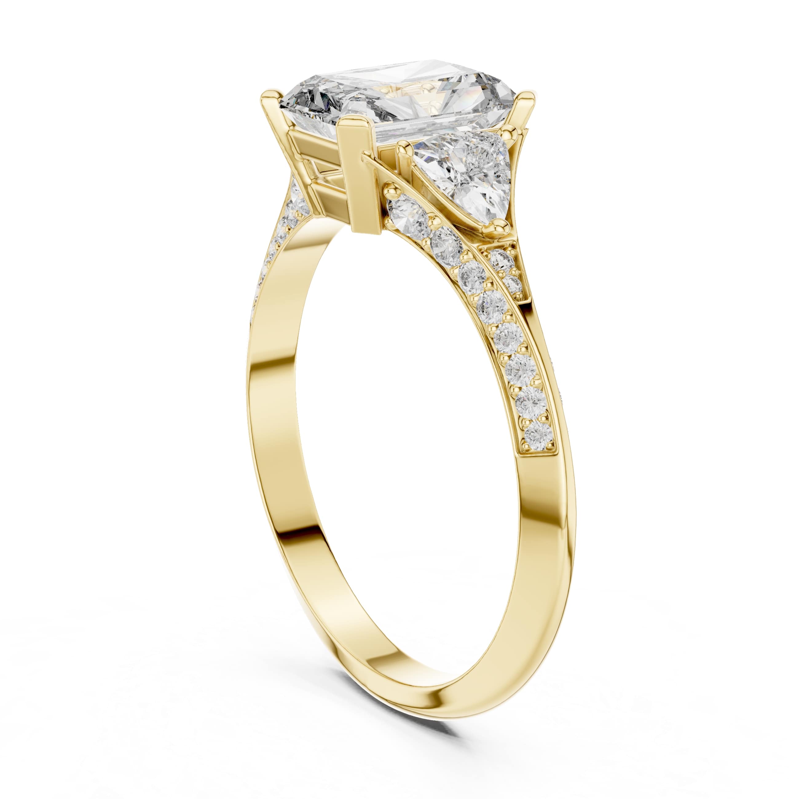 Elisora Radiant-Cut Three-Stone Moissanite Engagement Ring | Pavé Band with Trillion Side Stones in 10K/14K Gold or Silver