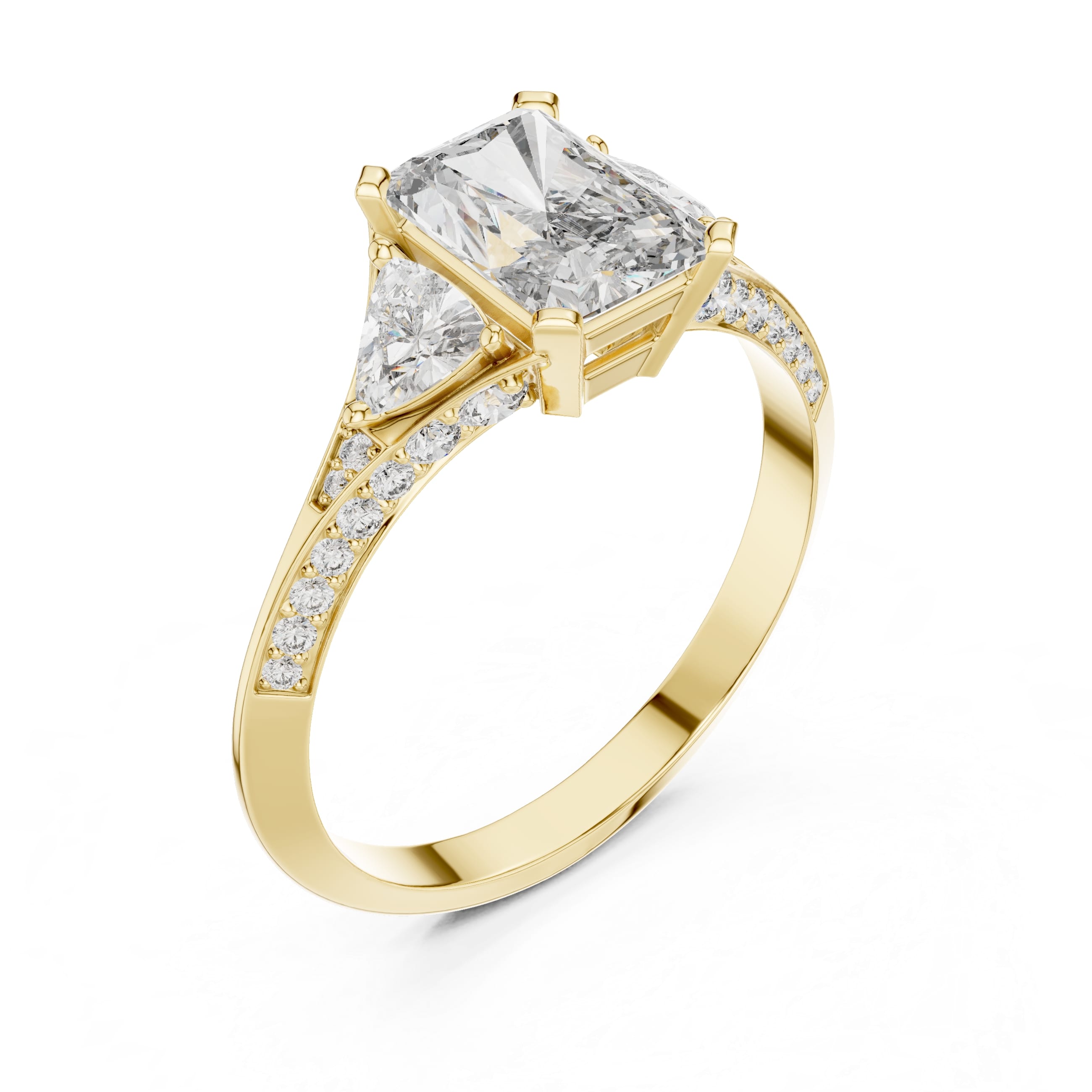 Elisora Radiant-Cut Three-Stone Moissanite Engagement Ring | Pavé Band with Trillion Side Stones in 10K/14K Gold or Silver