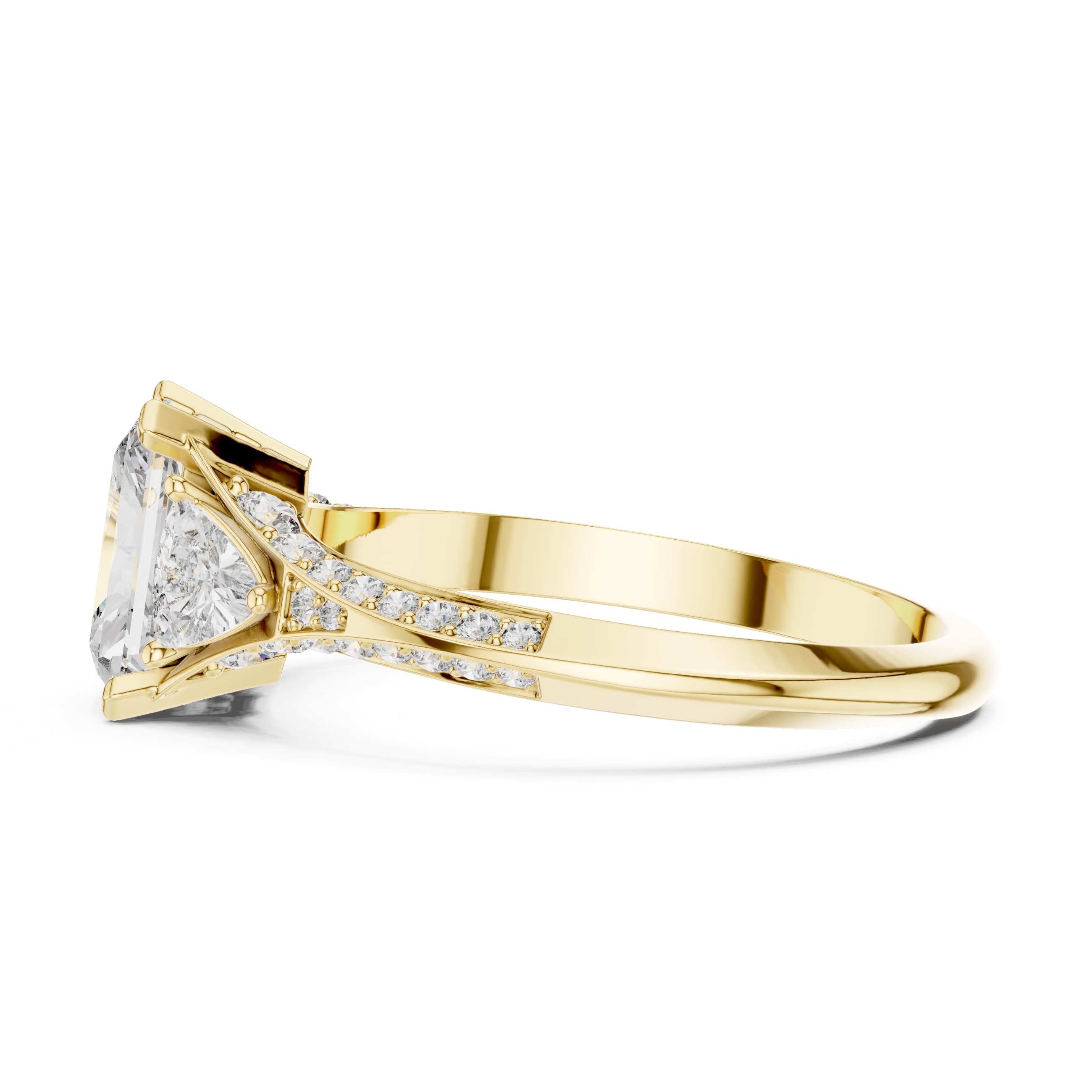 Elisora Radiant-Cut Three-Stone Moissanite Engagement Ring | Pavé Band with Trillion Side Stones in 10K/14K Gold or Silver