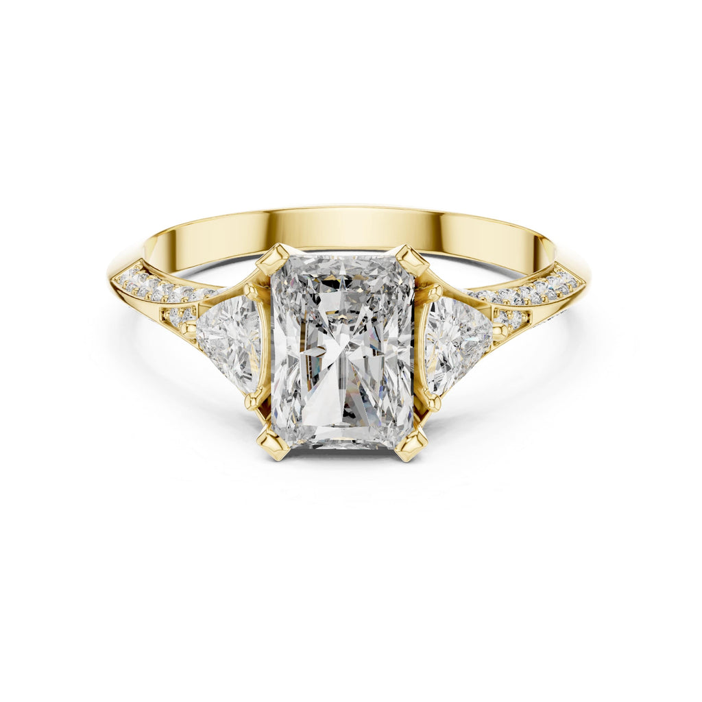 Elisora Radiant-Cut Three-Stone Moissanite Engagement Ring | Pavé Band with Trillion Side Stones in 10K/14K Gold or Silver