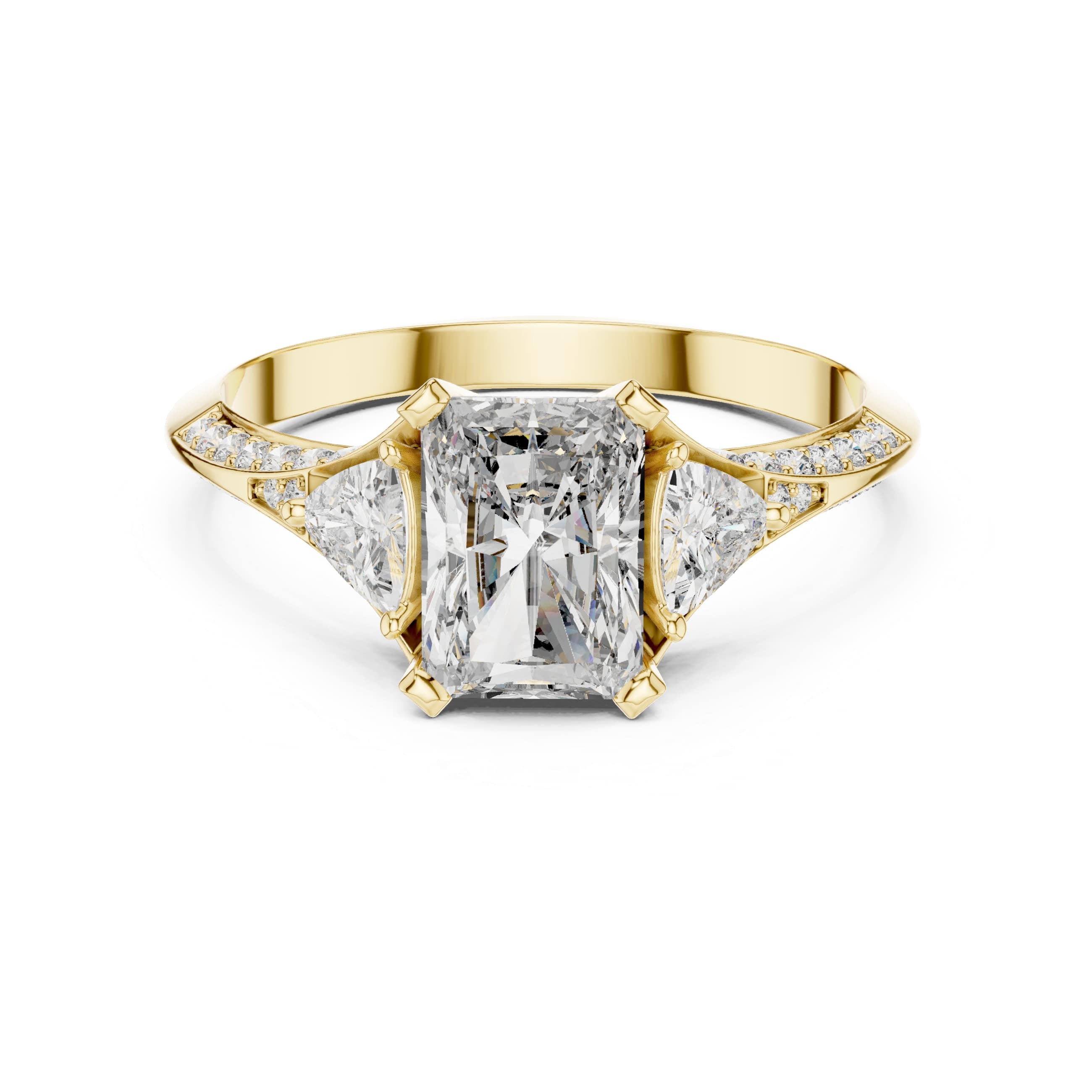 Elisora Radiant-Cut Three-Stone Moissanite Engagement Ring | Pavé Band with Trillion Side Stones in 10K/14K Gold or Silver