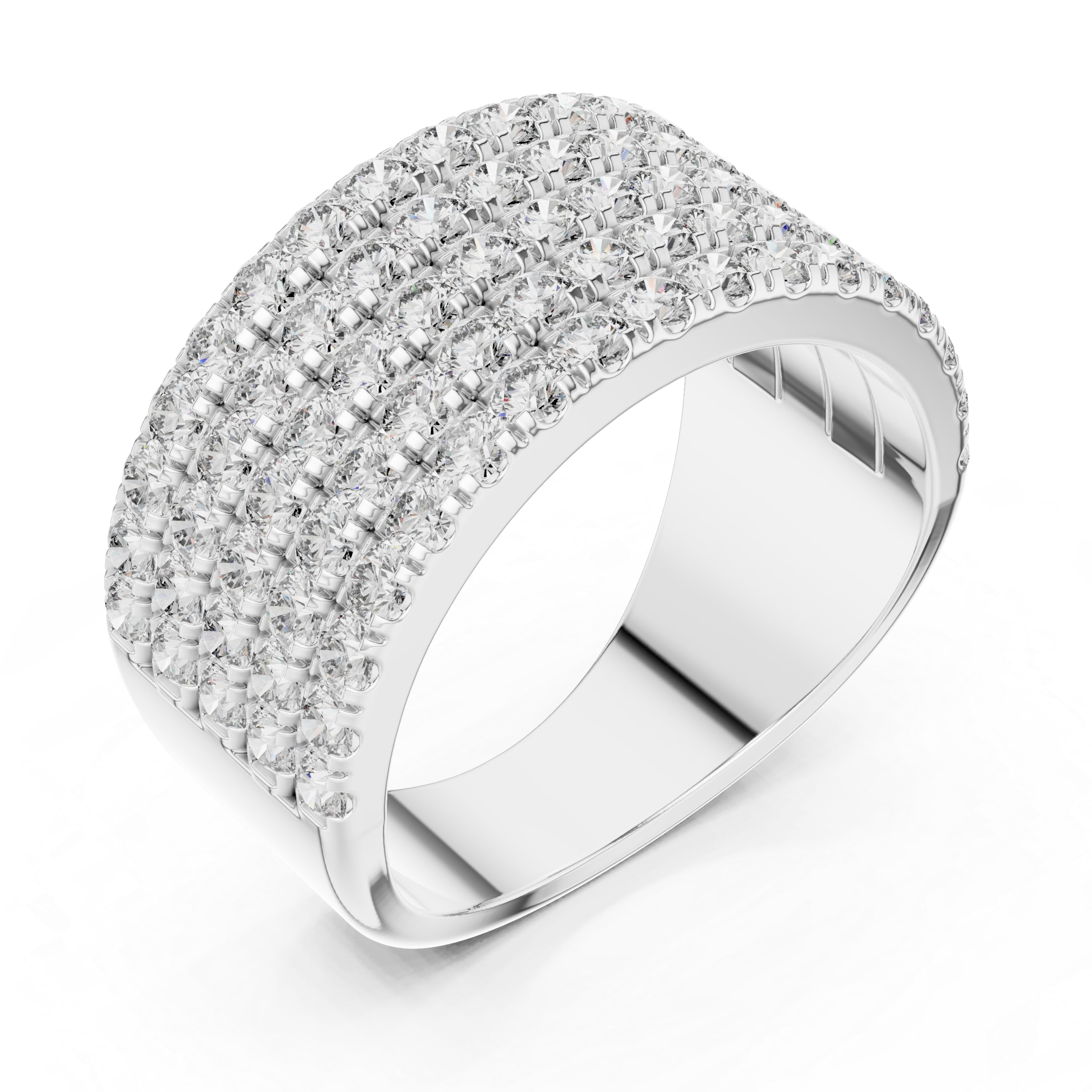 Five-Row Pavé Moissanite Wide Band Ring - 2.125 CT Dome-Style Eternity Design in 10K/14K Gold or Silver | The Elisora Jewels