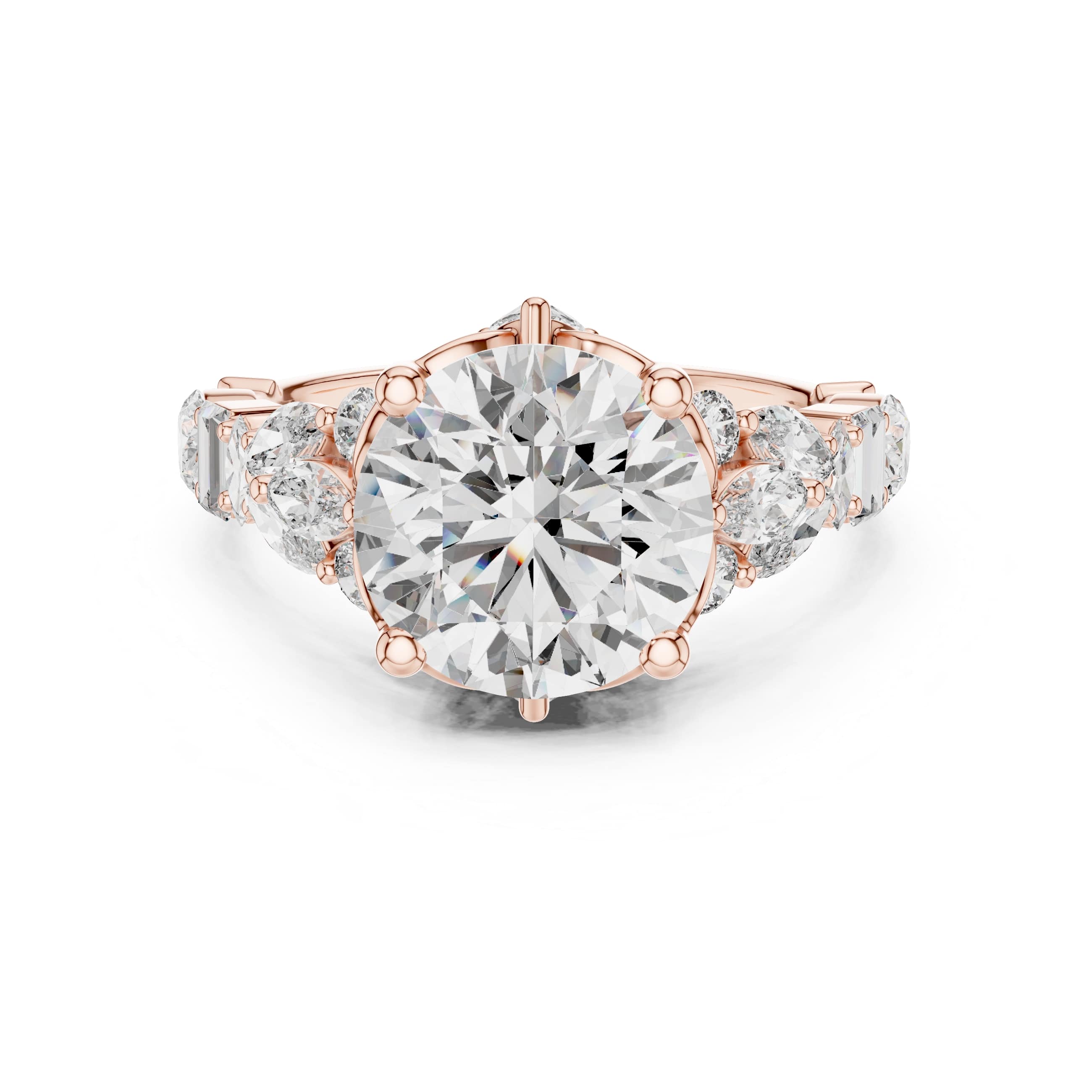 Round Brilliant Multi-Stone Moissanite Engagement Ring with Marquise & Baguette Accents - 2.5 CT Art-Deco Inspired Design in 10K/14K Gold or Silver | The Elisora Collection