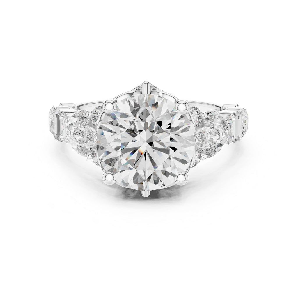 Round Brilliant Multi-Stone Moissanite Engagement Ring with Marquise & Baguette Accents - 2.5 CT Art-Deco Inspired Design in 10K/14K Gold or Silver | The Elisora Collection