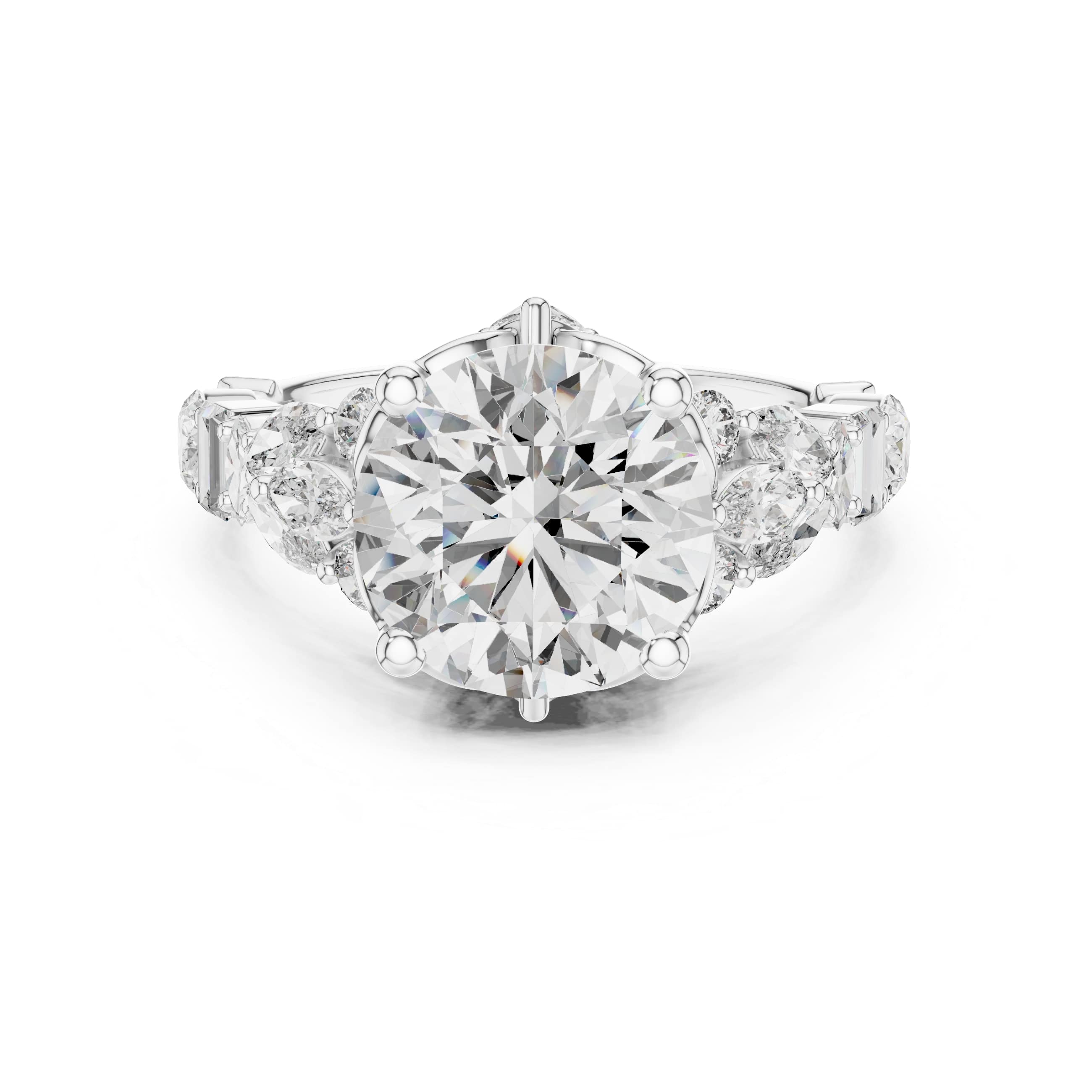 Round Brilliant Multi-Stone Moissanite Engagement Ring with Marquise & Baguette Accents - 2.5 CT Art-Deco Inspired Design in 10K/14K Gold or Silver | The Elisora Collection
