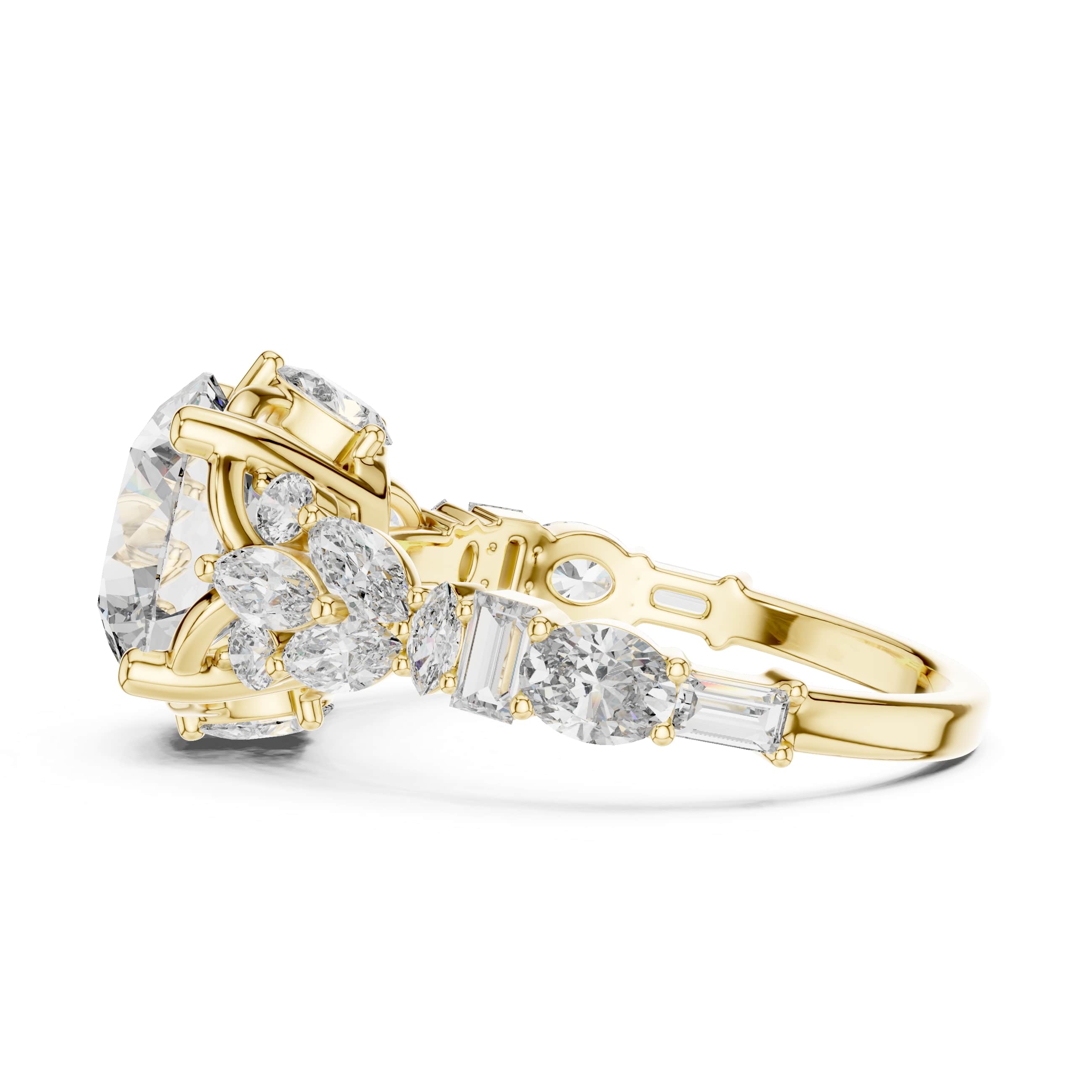 Round Brilliant Multi-Stone Moissanite Engagement Ring with Marquise & Baguette Accents - 2.5 CT Art-Deco Inspired Design in 10K/14K Gold or Silver | The Elisora Collection