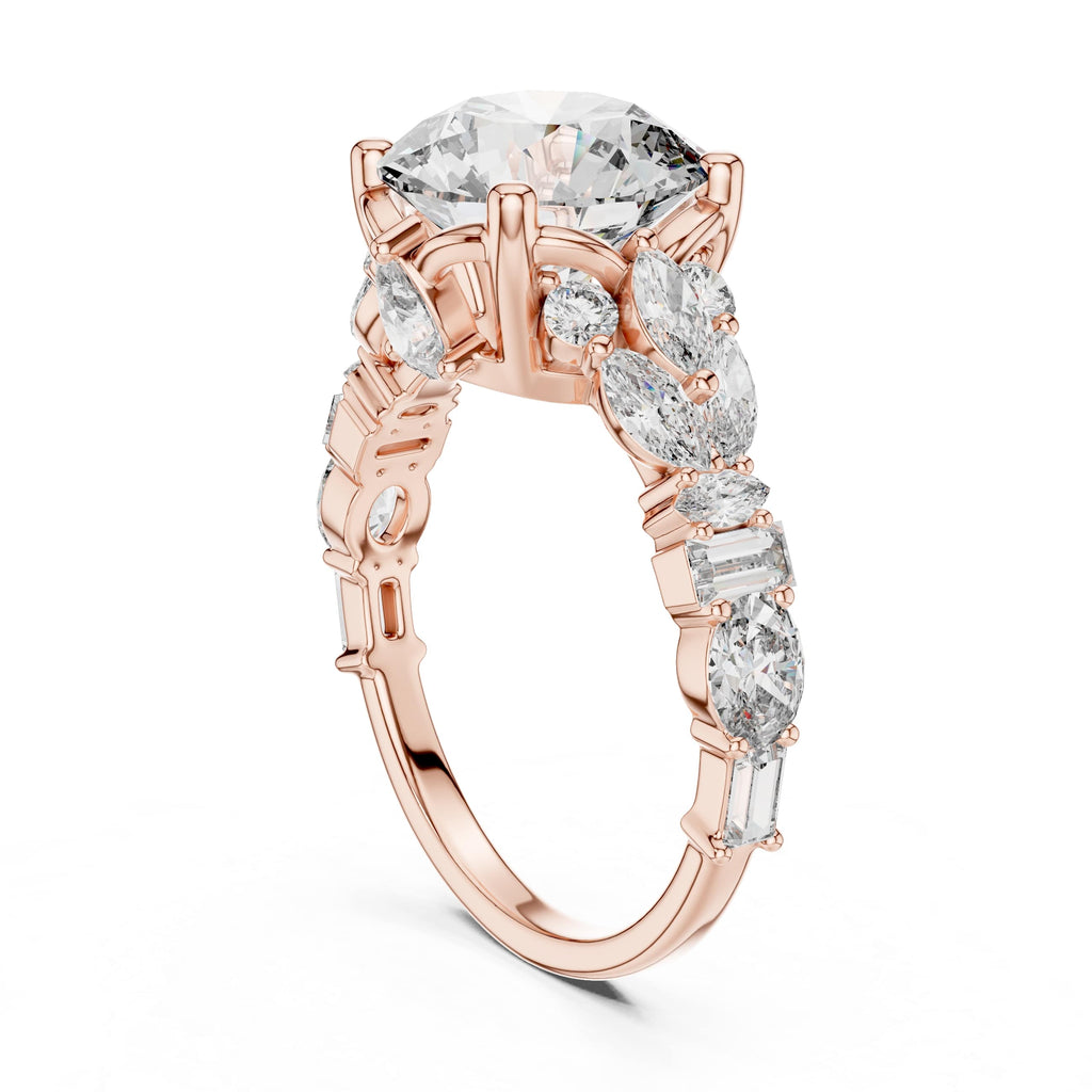 Round Brilliant Multi-Stone Moissanite Engagement Ring with Marquise & Baguette Accents - 2.5 CT Art-Deco Inspired Design in 10K/14K Gold or Silver | The Elisora Collection