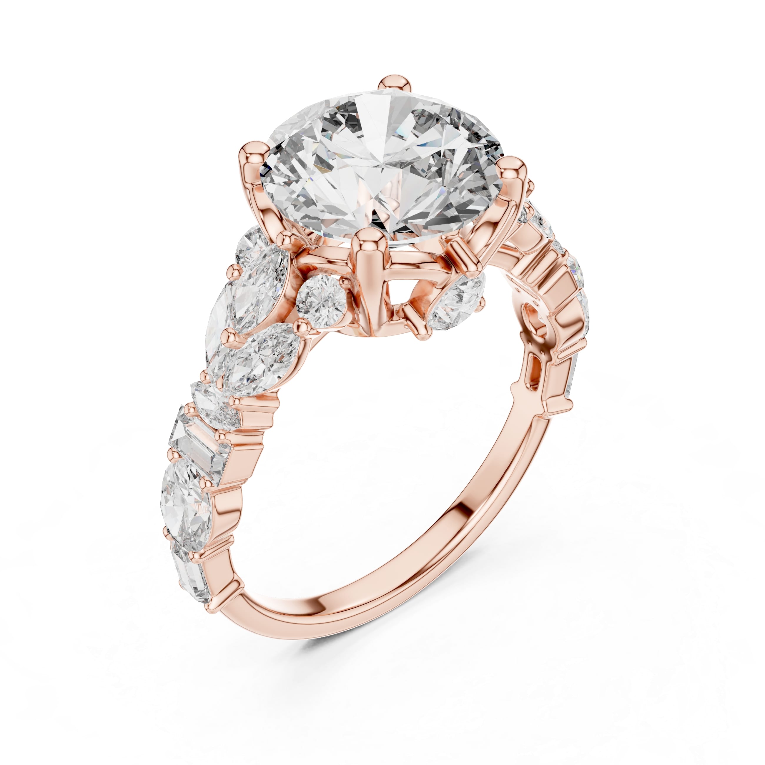 Round Brilliant Multi-Stone Moissanite Engagement Ring with Marquise & Baguette Accents - 2.5 CT Art-Deco Inspired Design in 10K/14K Gold or Silver | The Elisora Collection