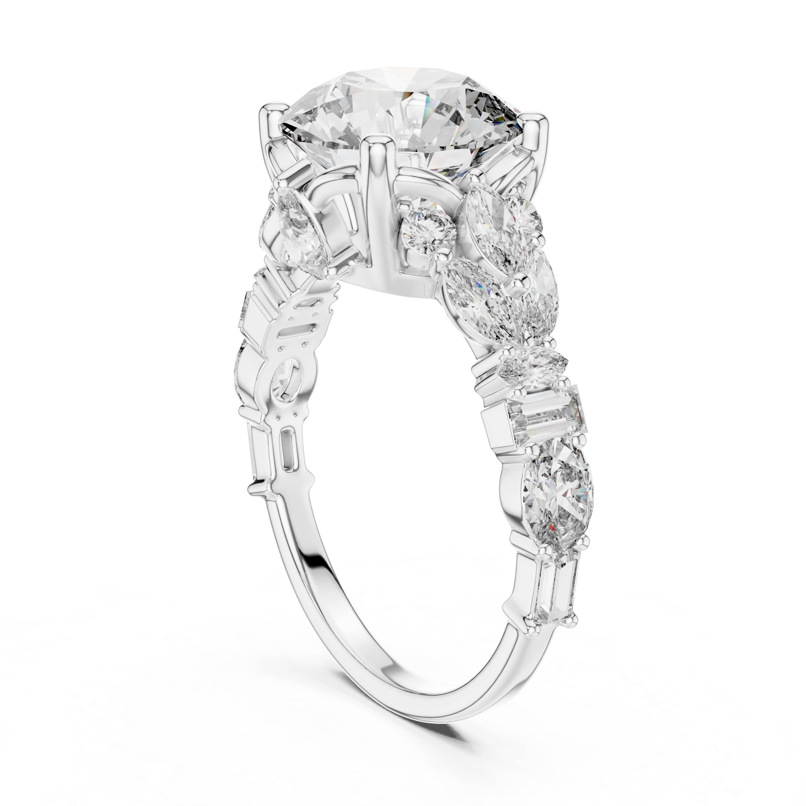 Round Brilliant Multi-Stone Moissanite Engagement Ring with Marquise & Baguette Accents - 2.5 CT Art-Deco Inspired Design in 10K/14K Gold or Silver | The Elisora Collection