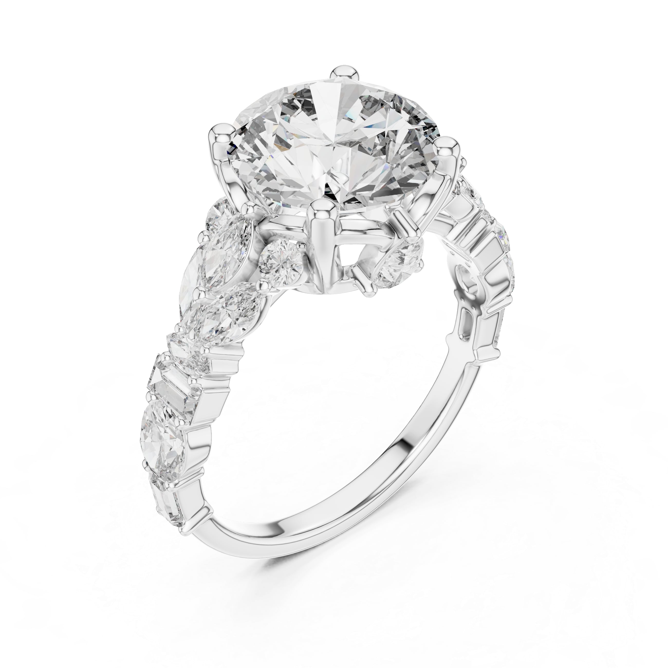 Round Brilliant Multi-Stone Moissanite Engagement Ring with Marquise & Baguette Accents - 2.5 CT Art-Deco Inspired Design in 10K/14K Gold or Silver | The Elisora Collection