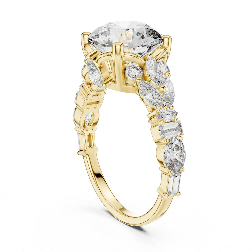 Round Brilliant Multi-Stone Moissanite Engagement Ring with Marquise & Baguette Accents - 2.5 CT Art-Deco Inspired Design in 10K/14K Gold or Silver | The Elisora Collection