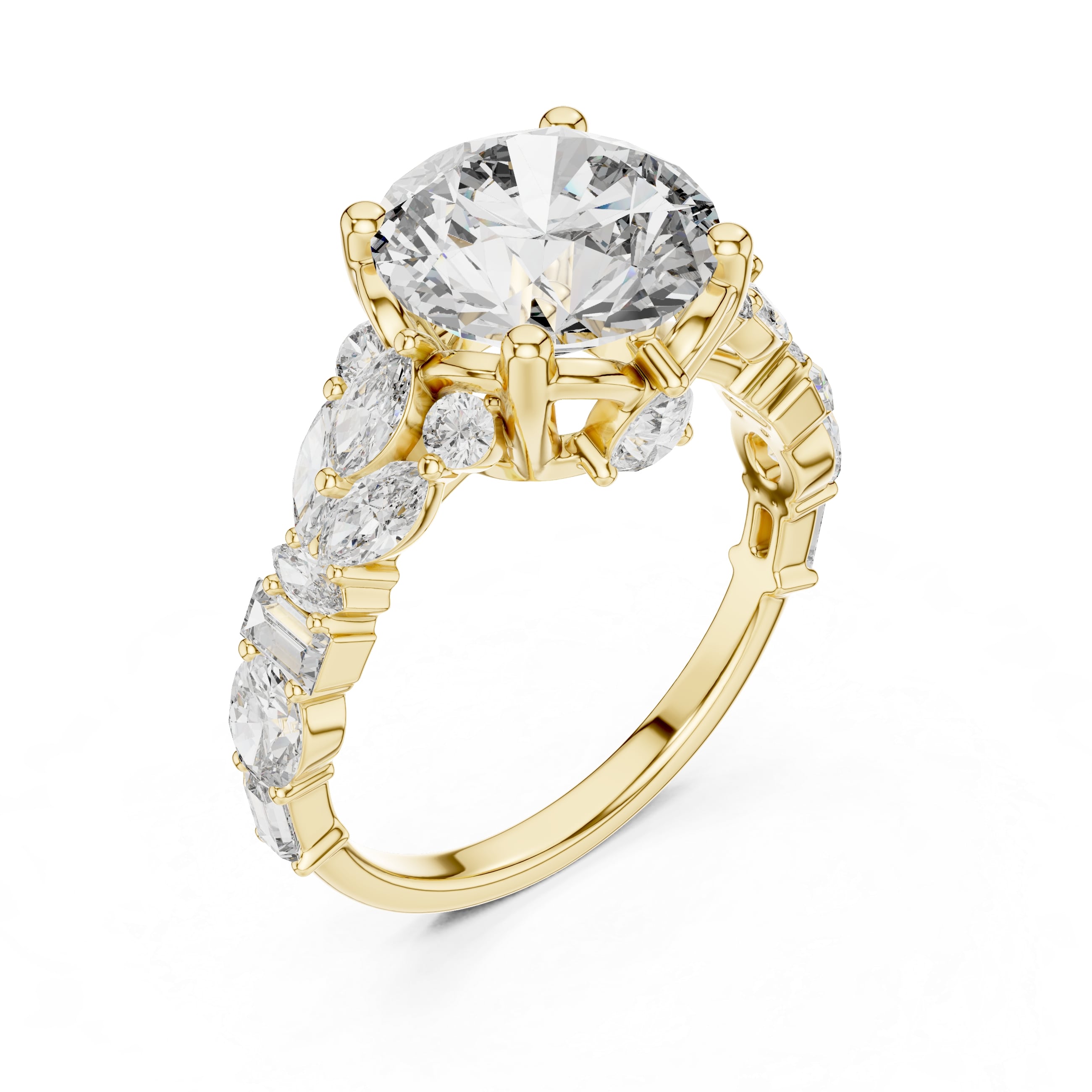 Round Brilliant Multi-Stone Moissanite Engagement Ring with Marquise & Baguette Accents - 2.5 CT Art-Deco Inspired Design in 10K/14K Gold or Silver | The Elisora Collection