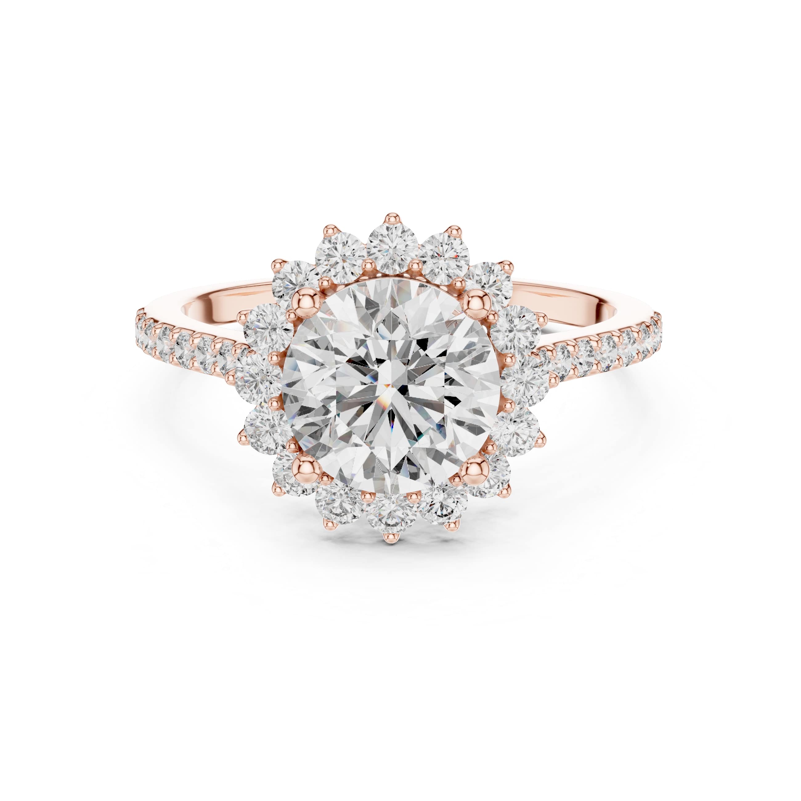 Round Brilliant Halo Moissanite Engagement Ring with Pavé Band - 1.5 CT Nature-Inspired Design in 10K/14K Gold or Sterling Silver | The Elisora Jewels