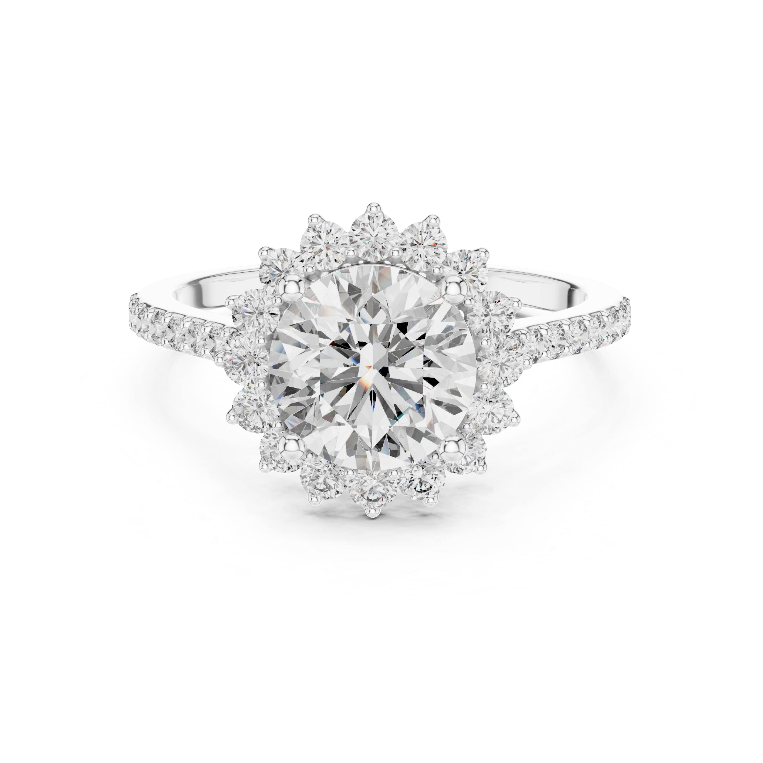 Round Brilliant Halo Moissanite Engagement Ring with Pavé Band - 1.5 CT Nature-Inspired Design in 10K/14K Gold or Sterling Silver | The Elisora Jewels