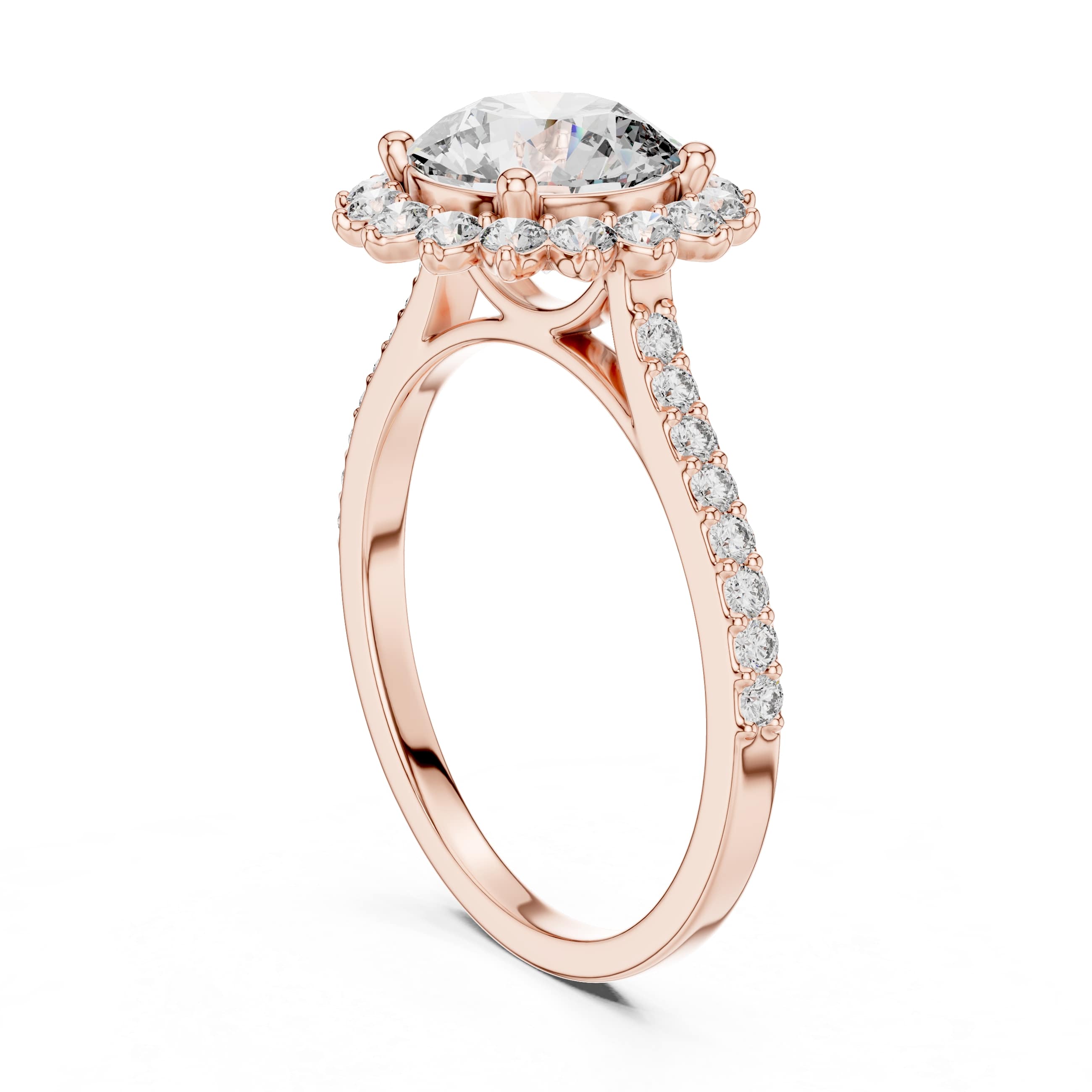 Round Brilliant Halo Moissanite Engagement Ring with Pavé Band - 1.5 CT Nature-Inspired Design in 10K/14K Gold or Sterling Silver | The Elisora Jewels