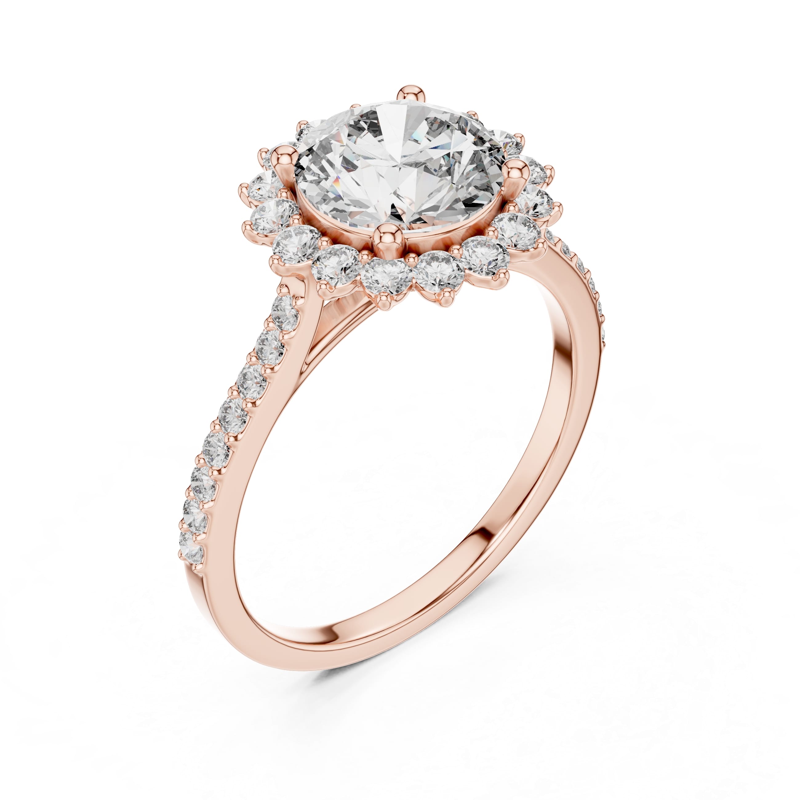 Round Brilliant Halo Moissanite Engagement Ring with Pavé Band - 1.5 CT Nature-Inspired Design in 10K/14K Gold or Sterling Silver | The Elisora Jewels