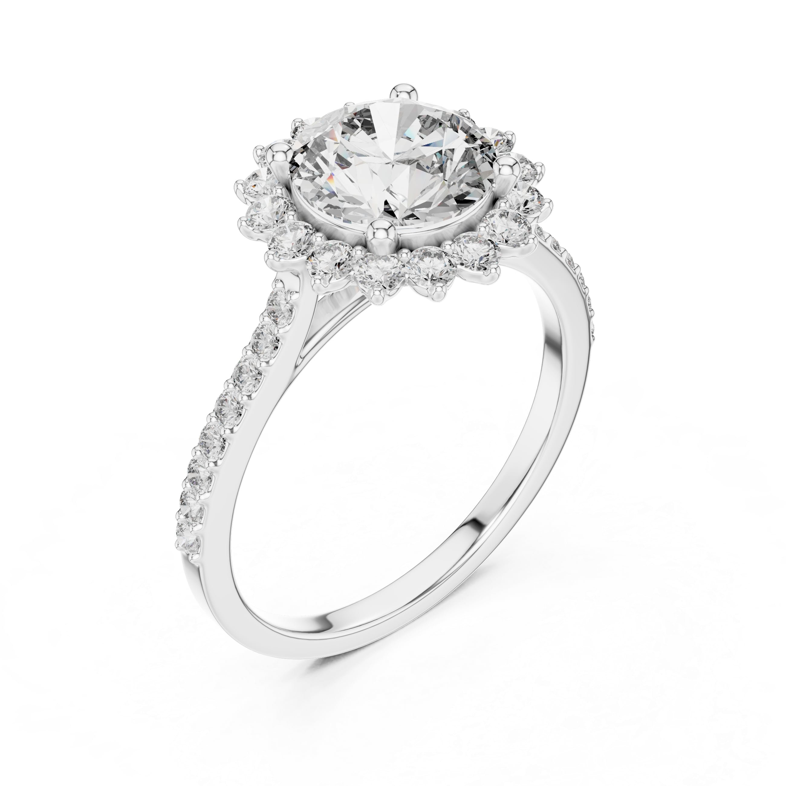 Round Brilliant Halo Moissanite Engagement Ring with Pavé Band - 1.5 CT Nature-Inspired Design in 10K/14K Gold or Sterling Silver | The Elisora Jewels