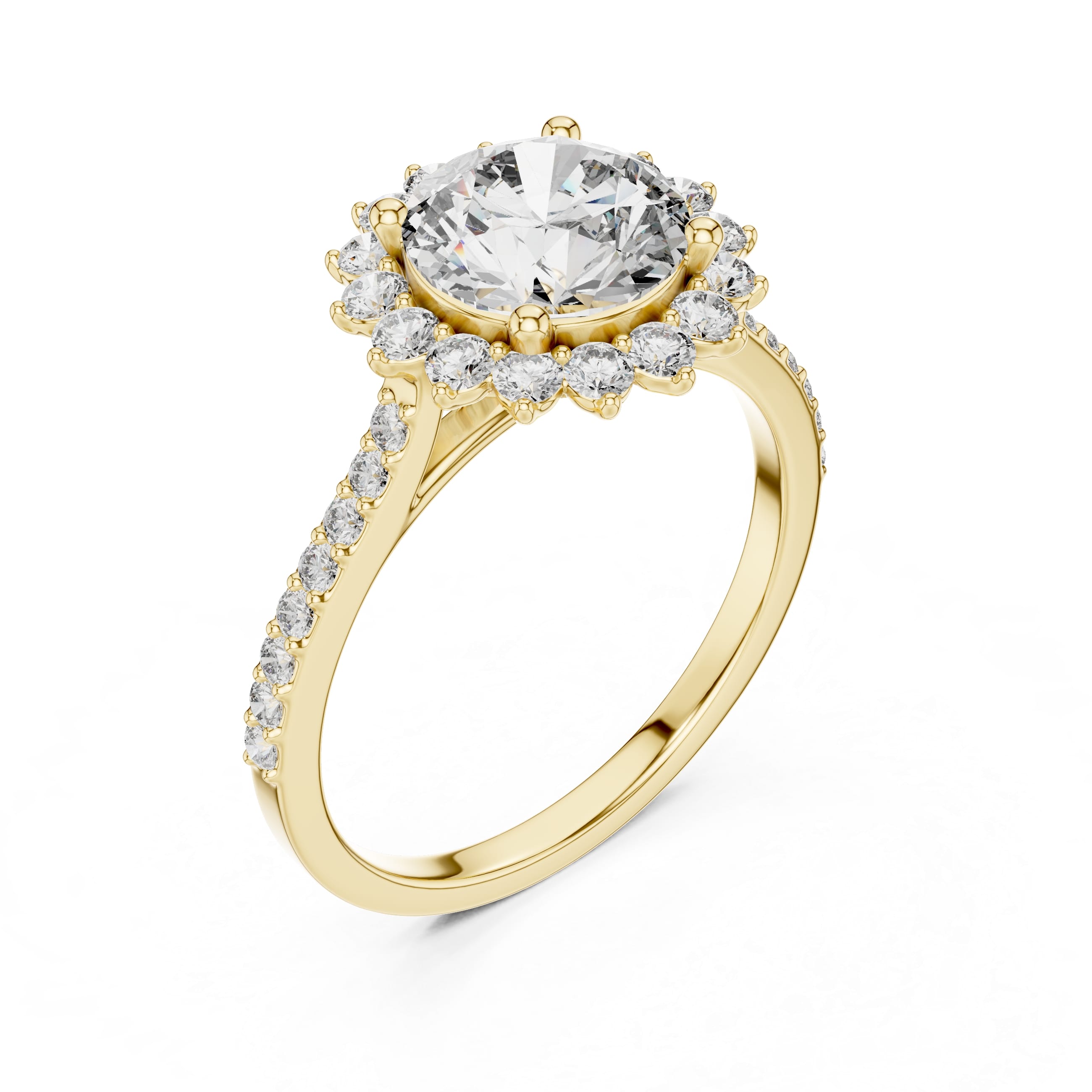 Round Brilliant Halo Moissanite Engagement Ring with Pavé Band - 1.5 CT Nature-Inspired Design in 10K/14K Gold or Sterling Silver | The Elisora Jewels