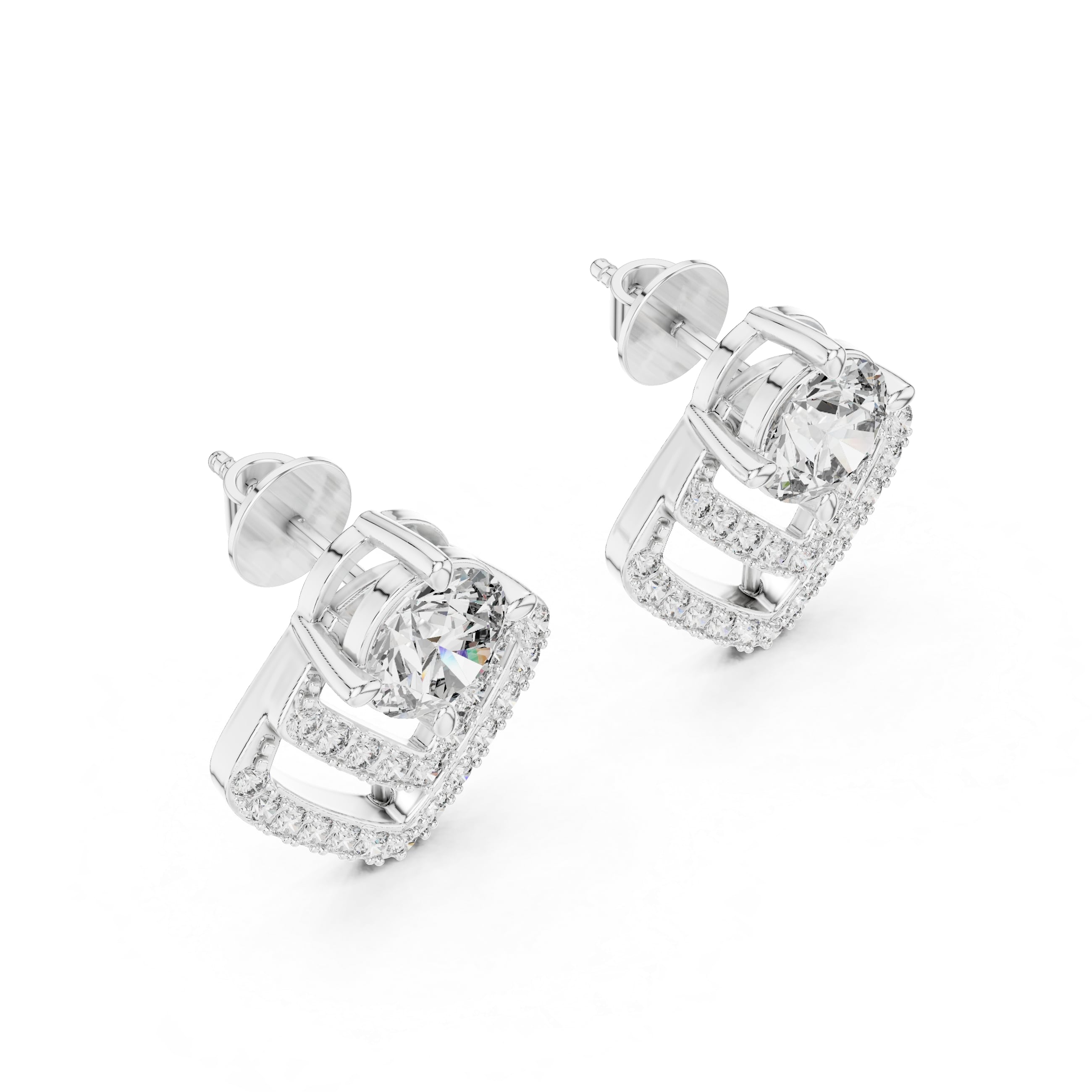 Vintage Chevron Halo Diamond Stud Earrings with Double-Layer Geometric Design - 1.25 CT Each Elegant Statement Pair | The Elisora Jewels