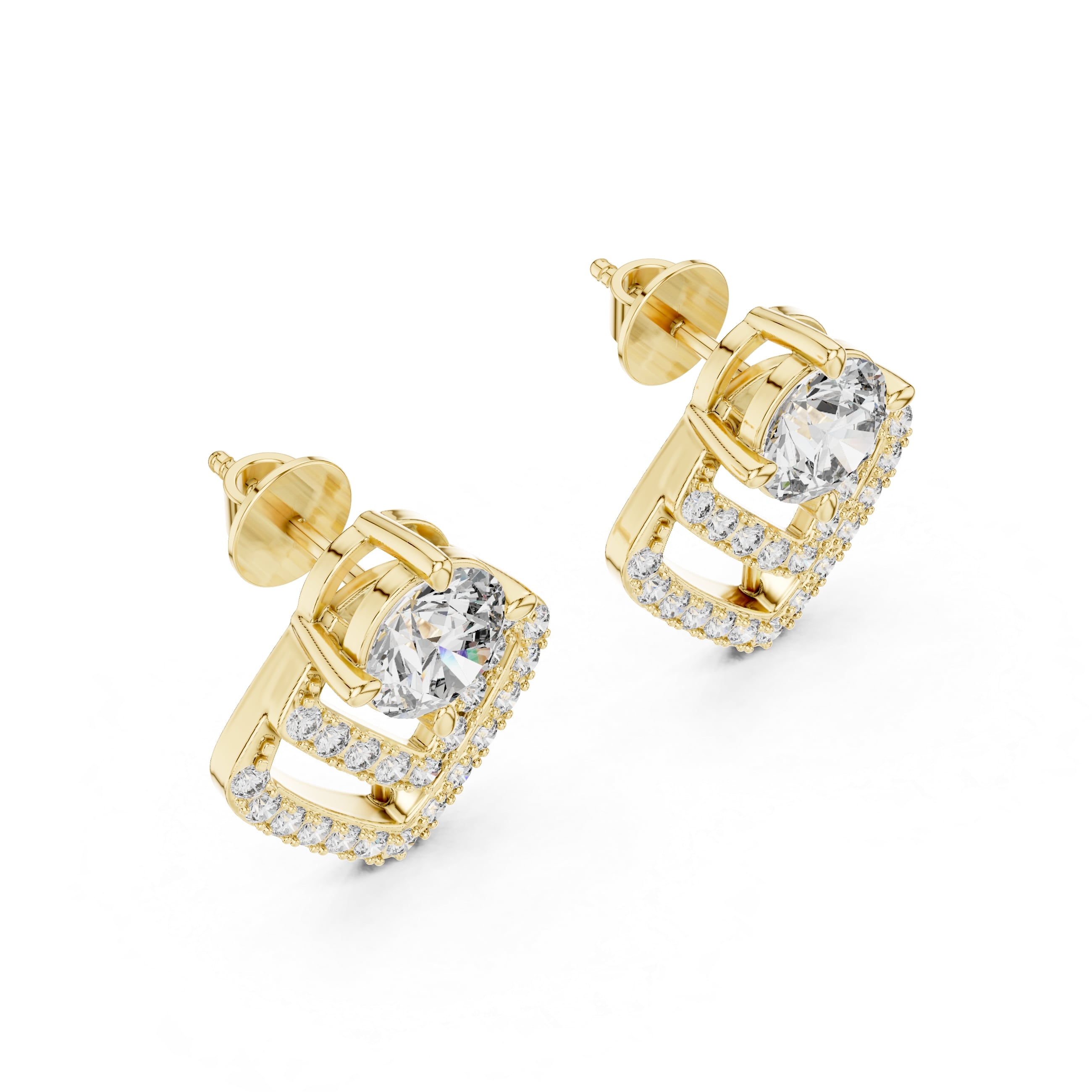 Vintage Chevron Halo Diamond Stud Earrings with Double-Layer Geometric Design - 1.25 CT Each Elegant Statement Pair | The Elisora Jewels