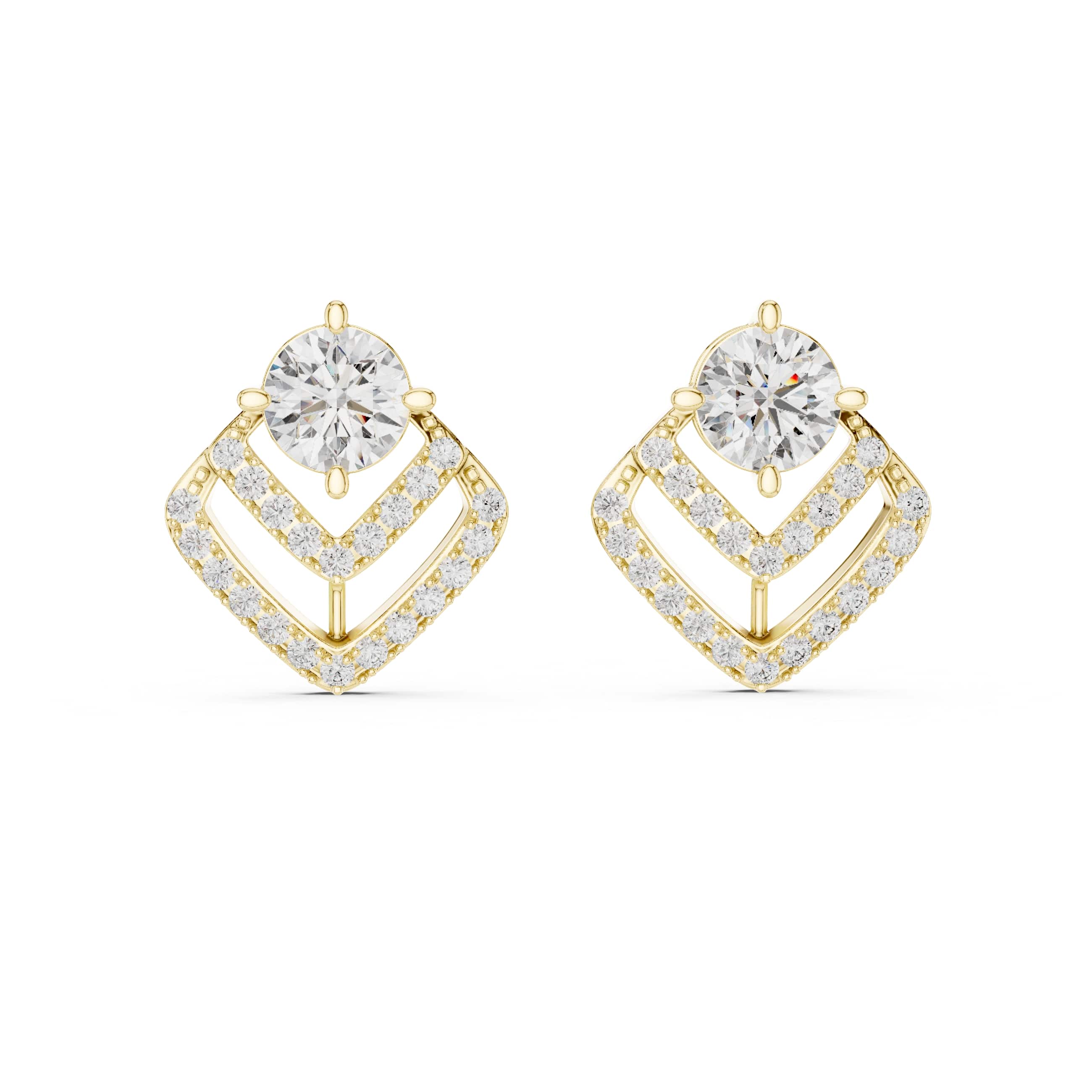 Vintage Chevron Halo Diamond Stud Earrings with Double-Layer Geometric Design - 1.25 CT Each Elegant Statement Pair | The Elisora Jewels