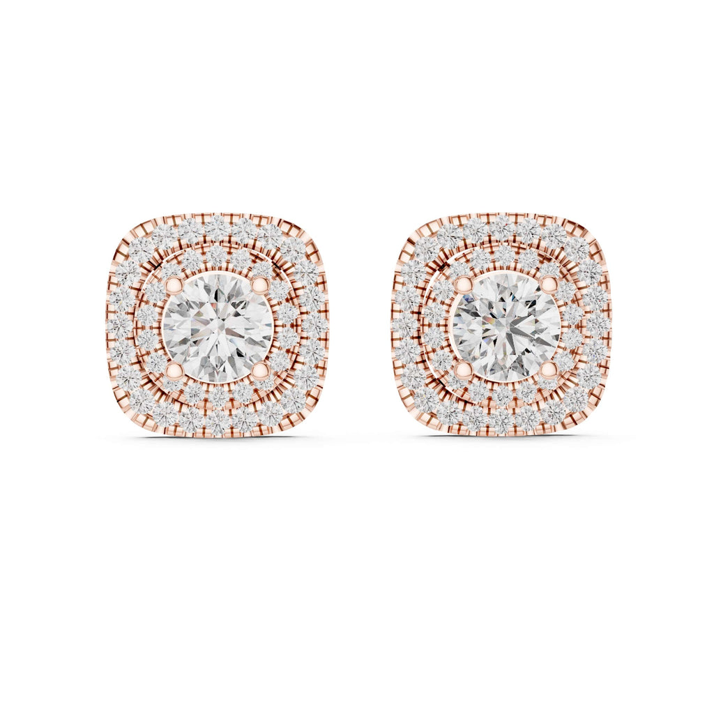 Triple Halo Cushion Diamond Stud Earrings with Layered Brilliance - 1.25 CT Each Luxury Statement Studs | The Elisora Jewels